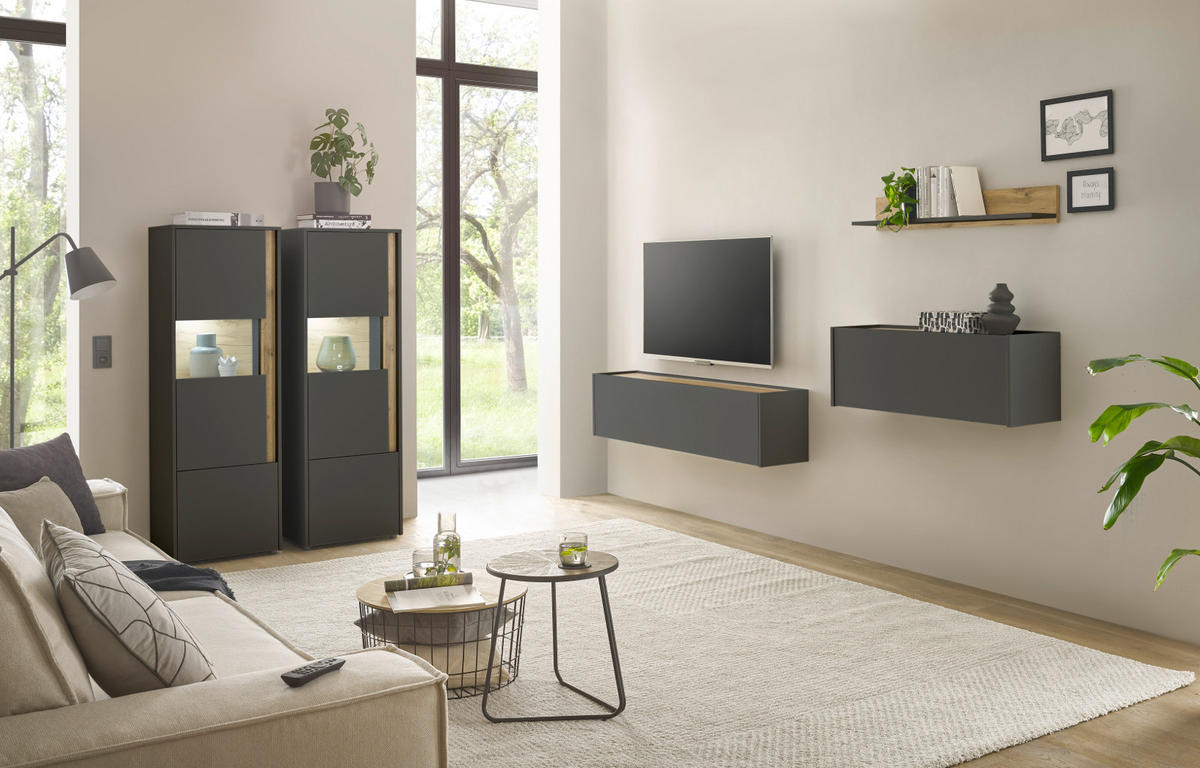 WOHNWAND grau matt, Eiche Wotan 270 cm, Wohnkombination hängend mit Sekretär - Eiche Wotan/Grau, Holzwerkstoff/Metall (270/170/30cm) - Furn.Design
