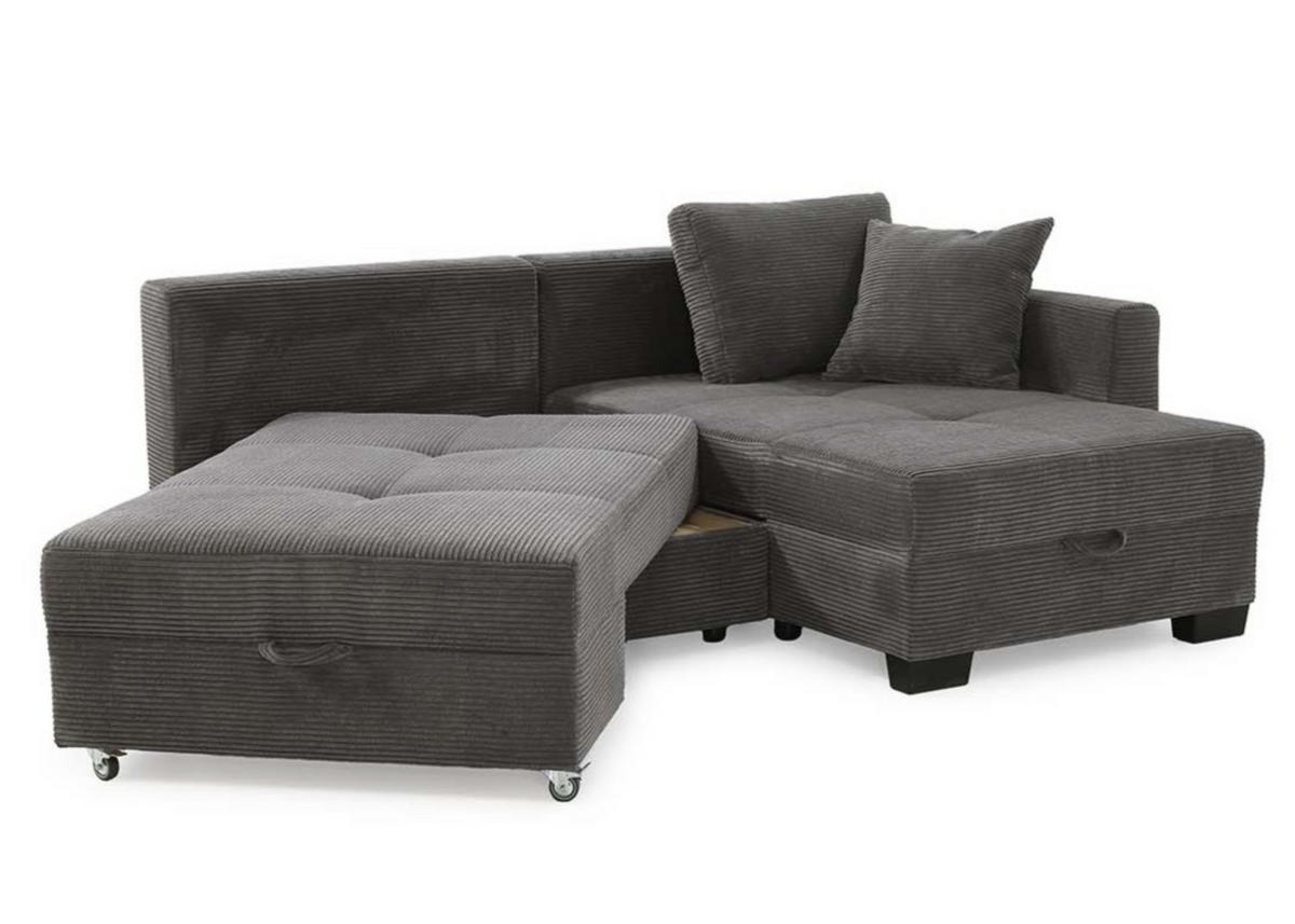 ECKSOFA Doppelbett mit Bettkasten, seitenverkehrt montierbar B247/T155/H87 cm, Liegefläche 183x207 cm, Cord Grau Anthrazit / 15214 - Schieferfarben/Anthrazit, Kunststoff/Textil (247/155cm) - luma-home