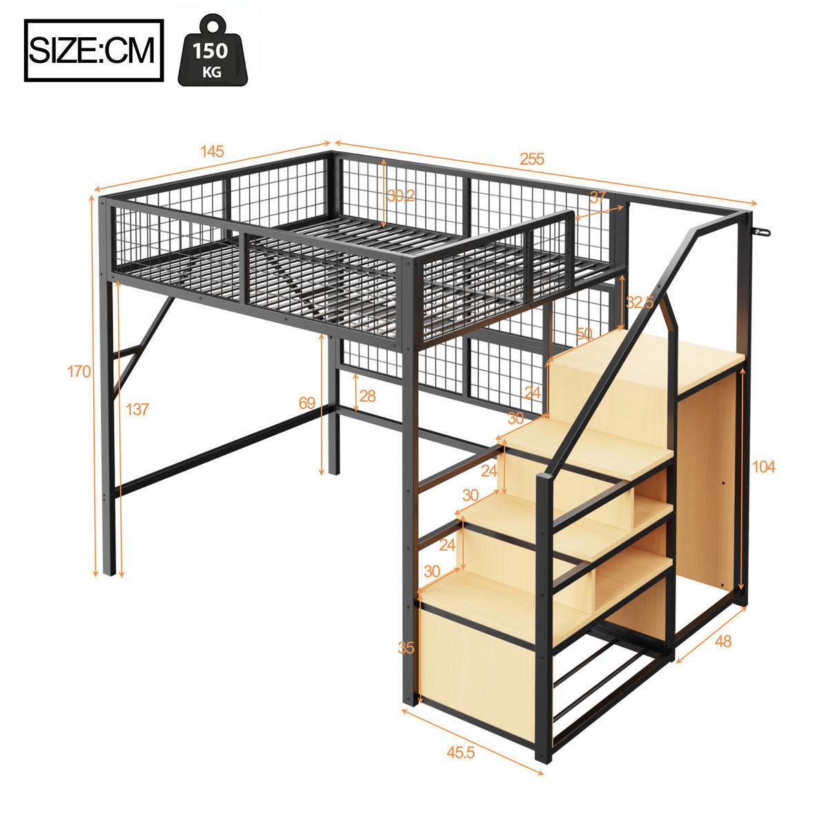 HOCHBETT 140/200 cm Schwarz mit LED-Beleuchtung und integriertem Stauraum aus Metall - Schwarz, Metall (140/200cm) - OKWISH