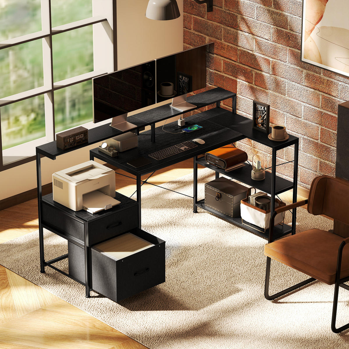 GAMINGTISCH DE-09143 L-förmig mit LED Schwarz - Schwarz, Metall (165/80/91.5cm) - ComfortXL