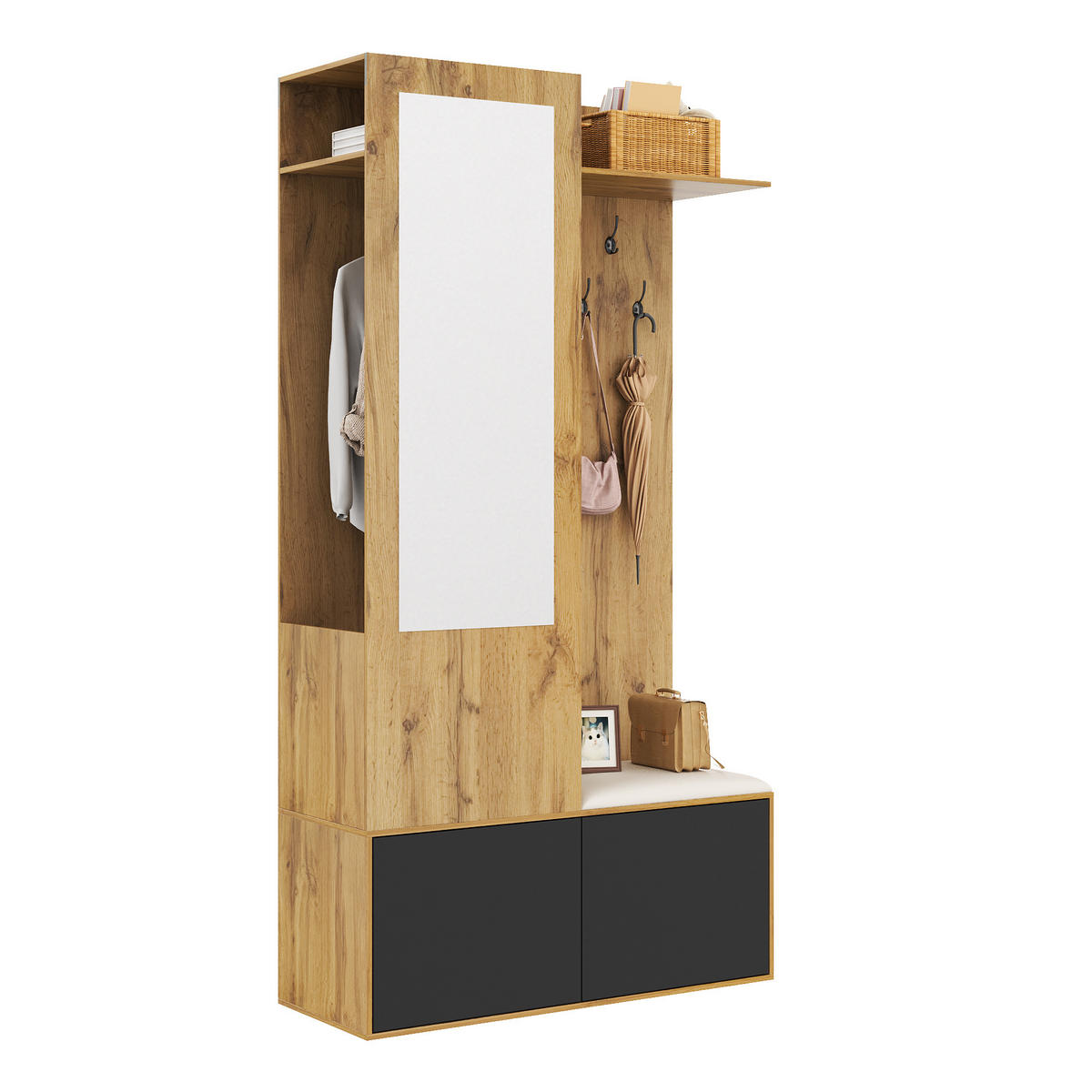 GARDEROBENSET Spiegel Haken Schuhbank - Naturfarben, Holz (100/191/38cm) - LEBENLANG