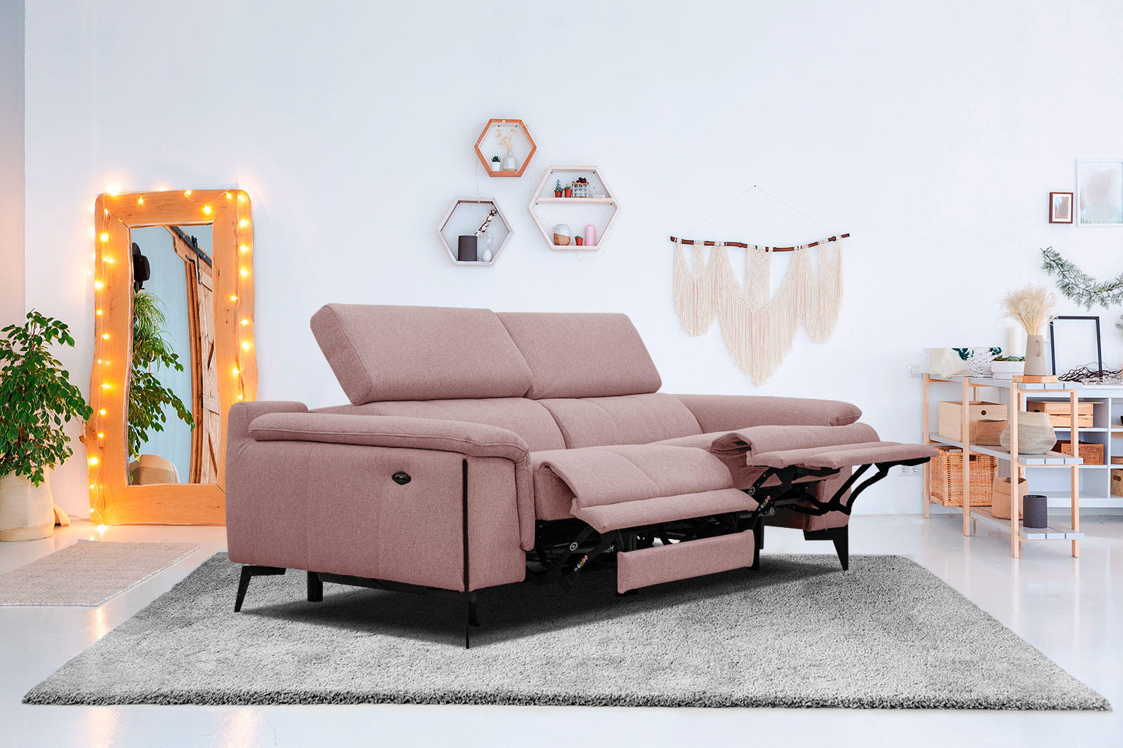 RELAXSOFA MATERA 3-Sitzer mit 2 Relaxfunktionen, hellrot - Hellrot/Schwarz, Holzwerkstoff/Textil (212/82/103cm) - Courtois Laville