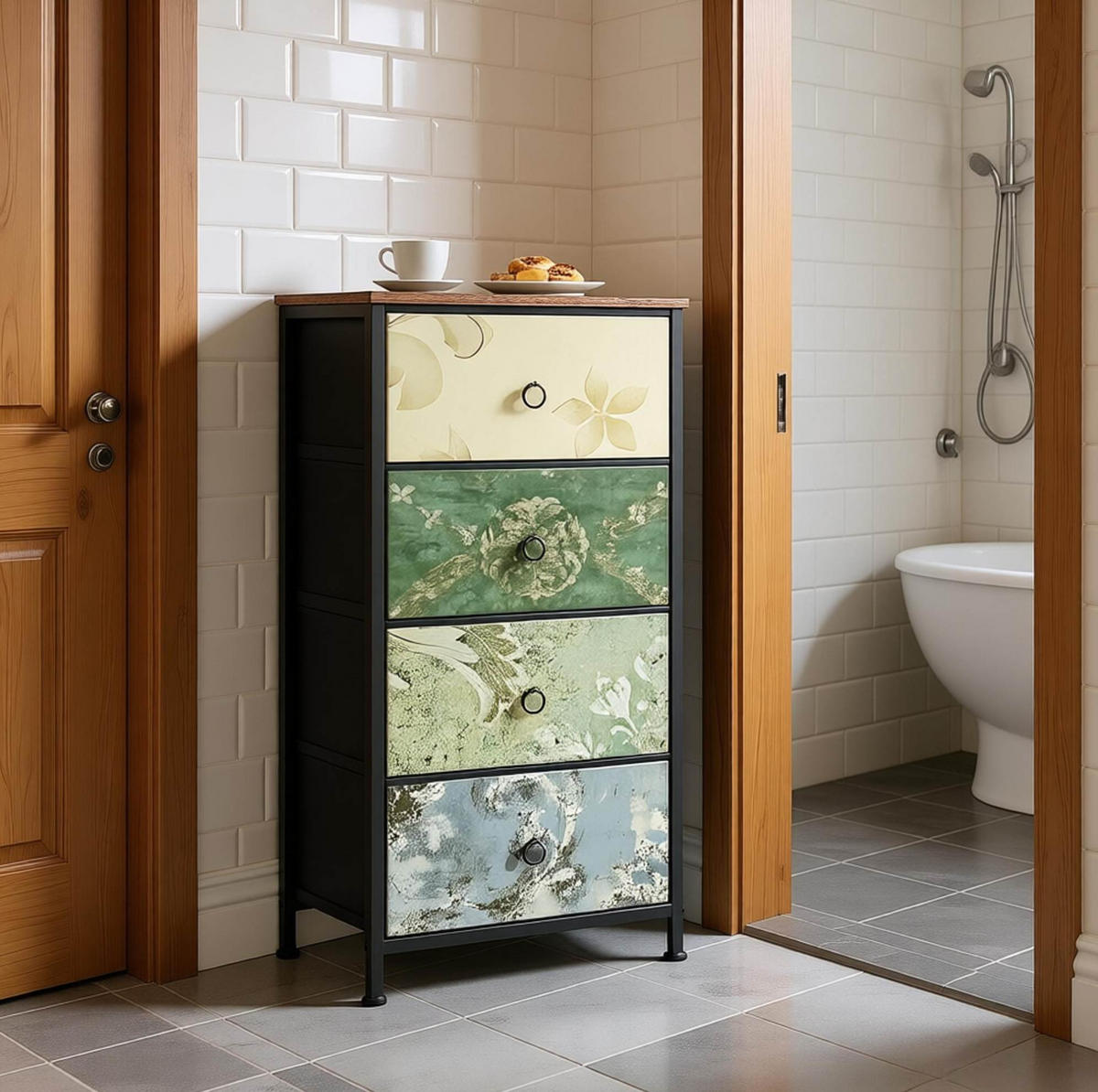 KOMMODE mit 4 Stoffschubladen in Braun 30x45,5x95,5 cm mit Blumenmotiv - Multicolor, Textil (45.5/95.5/30cm) - IVMEU