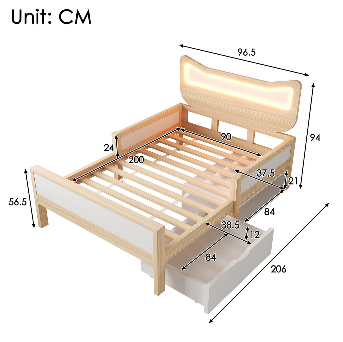 KINDERBETT 90/200 cm Weiß/Eiche mit RGB-LED, Schutzgitter, Lattenrost und Schublade mit Staufach - Naturfarben, Holz (90/200cm) - OKMYHOME