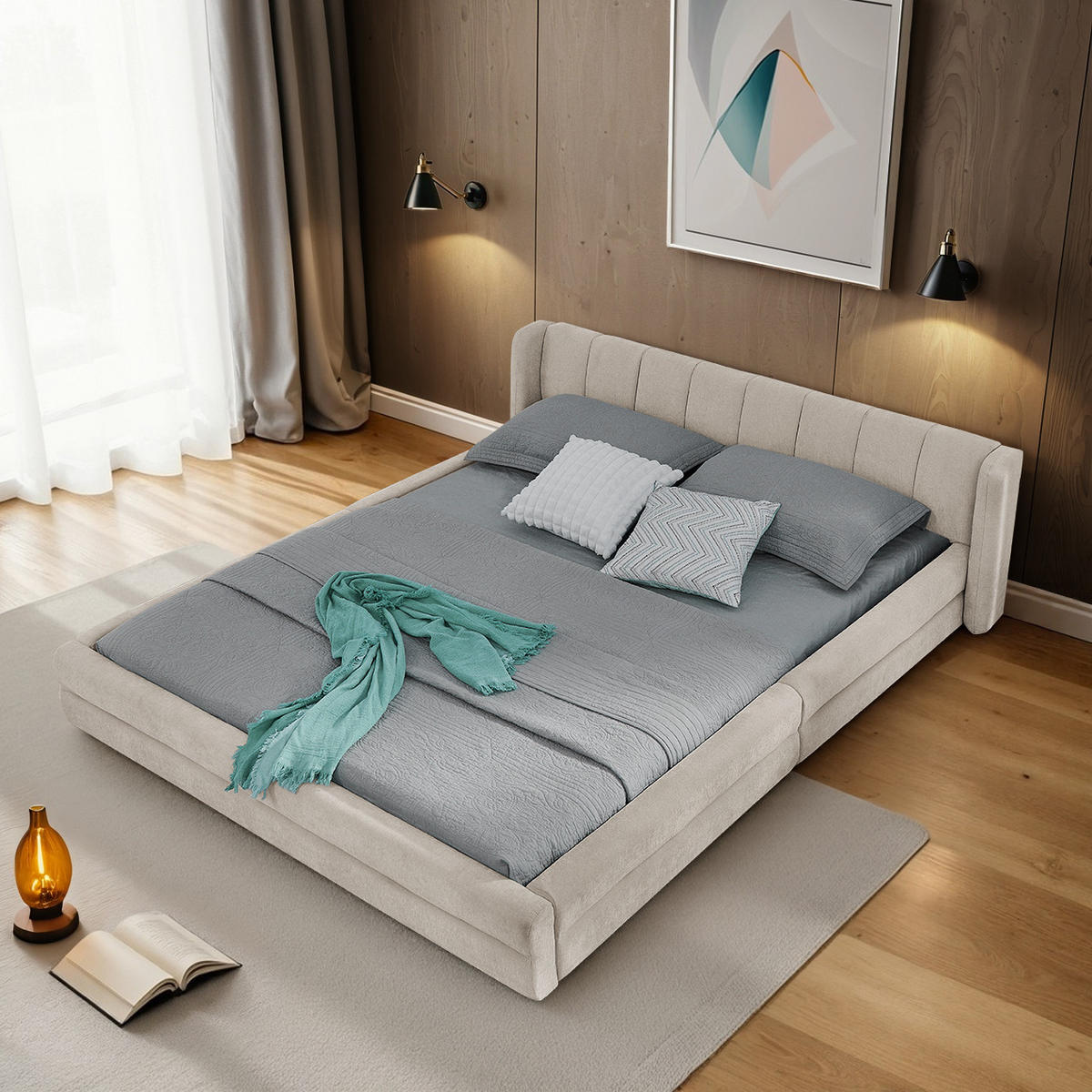 BETTGESTELL mit Kopfteil 140x200 cm Chenille Beige - Beige, Holz (140/200cm) - Meubliv