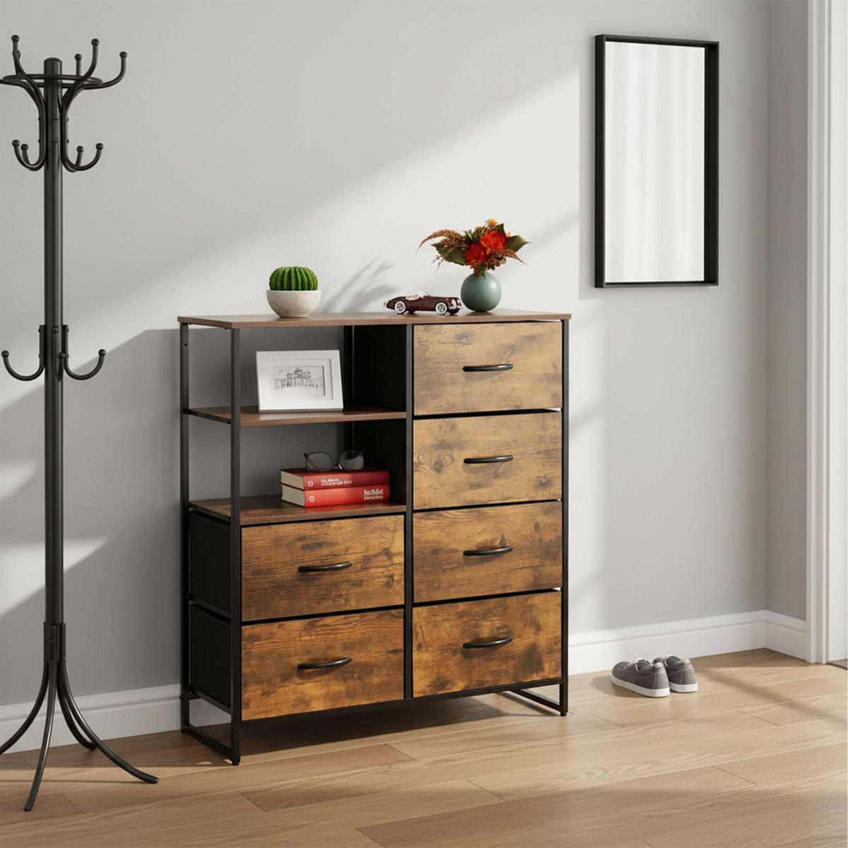 KOMMODE Schwarz Dunkelbraun 6 Schubladen 92x84x32 cm - Braun, Holz/Holzwerkstoff (84/92/32cm) - Relaxdays