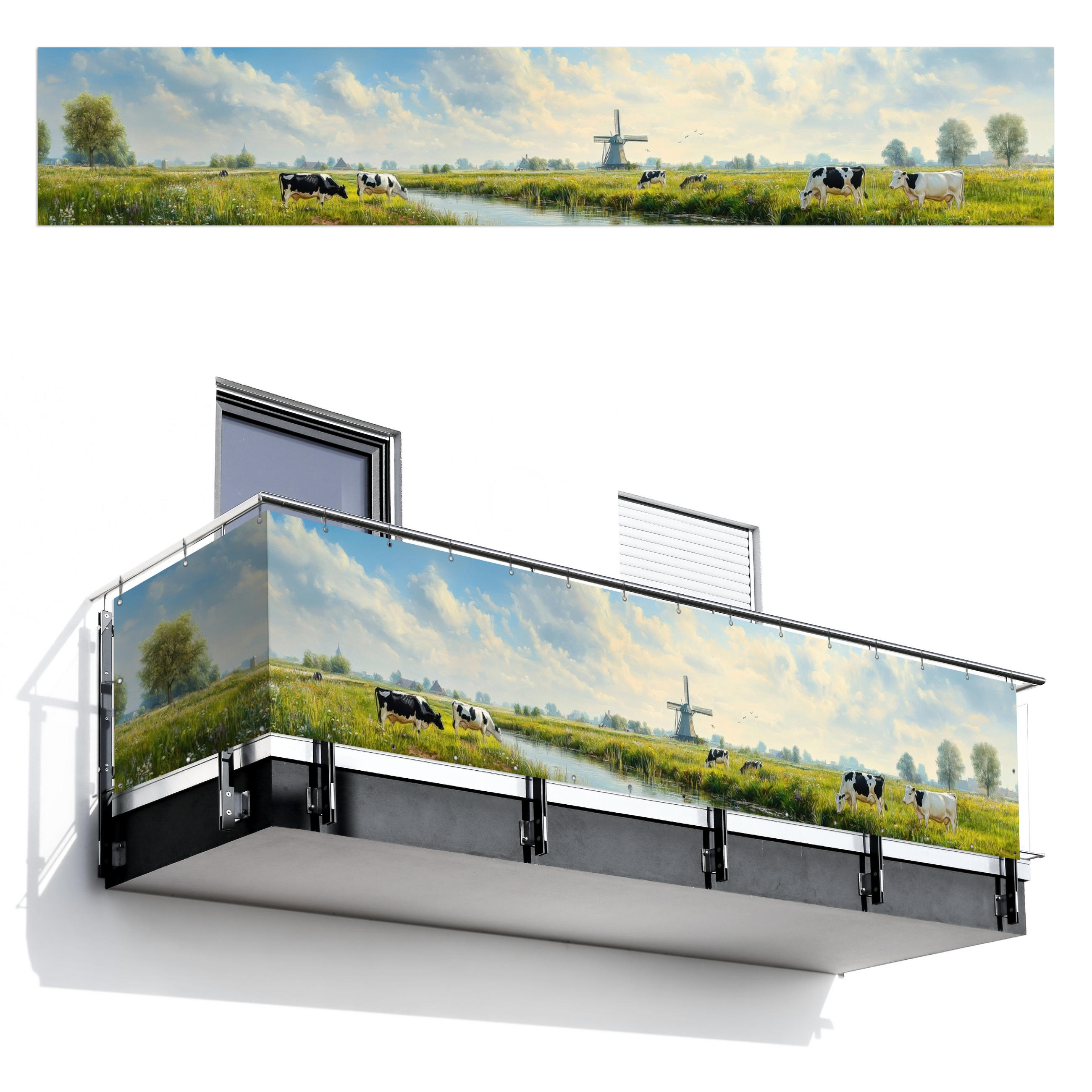 BALKON-SICHTSCHUTZ Kühe - Windmühle - Wiese - Blau - Grün, Kunststoff (500/90cm) - MuchoWow