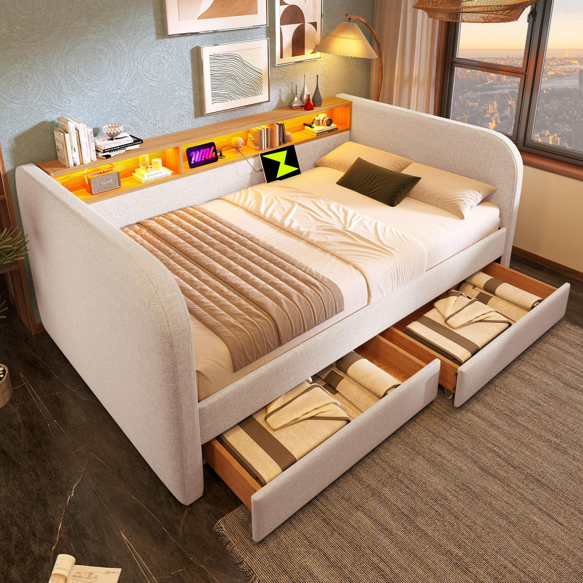 ČALOUNĚNÁ postel 140/190 cm, světle béžová, len, LED osvětlení a USB-C - béžová, textil (140/190cm) - BEAOK