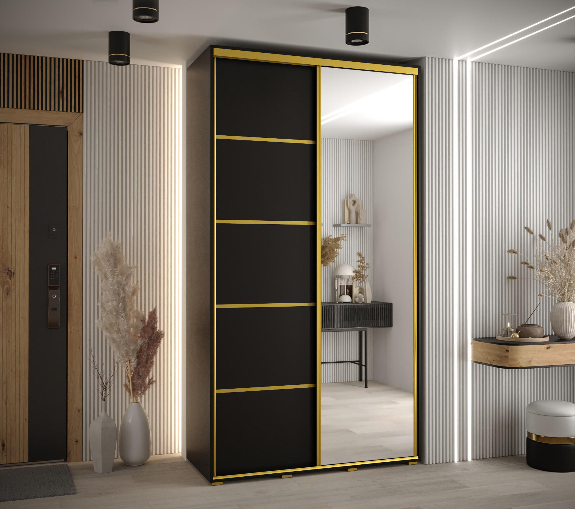 SCHWEBETÜRENSCHRANK 235,2/140/60 2-türig - Goldfarben/Schwarz, Holz/Metall (140/235/60cm) - Abiks Möbel