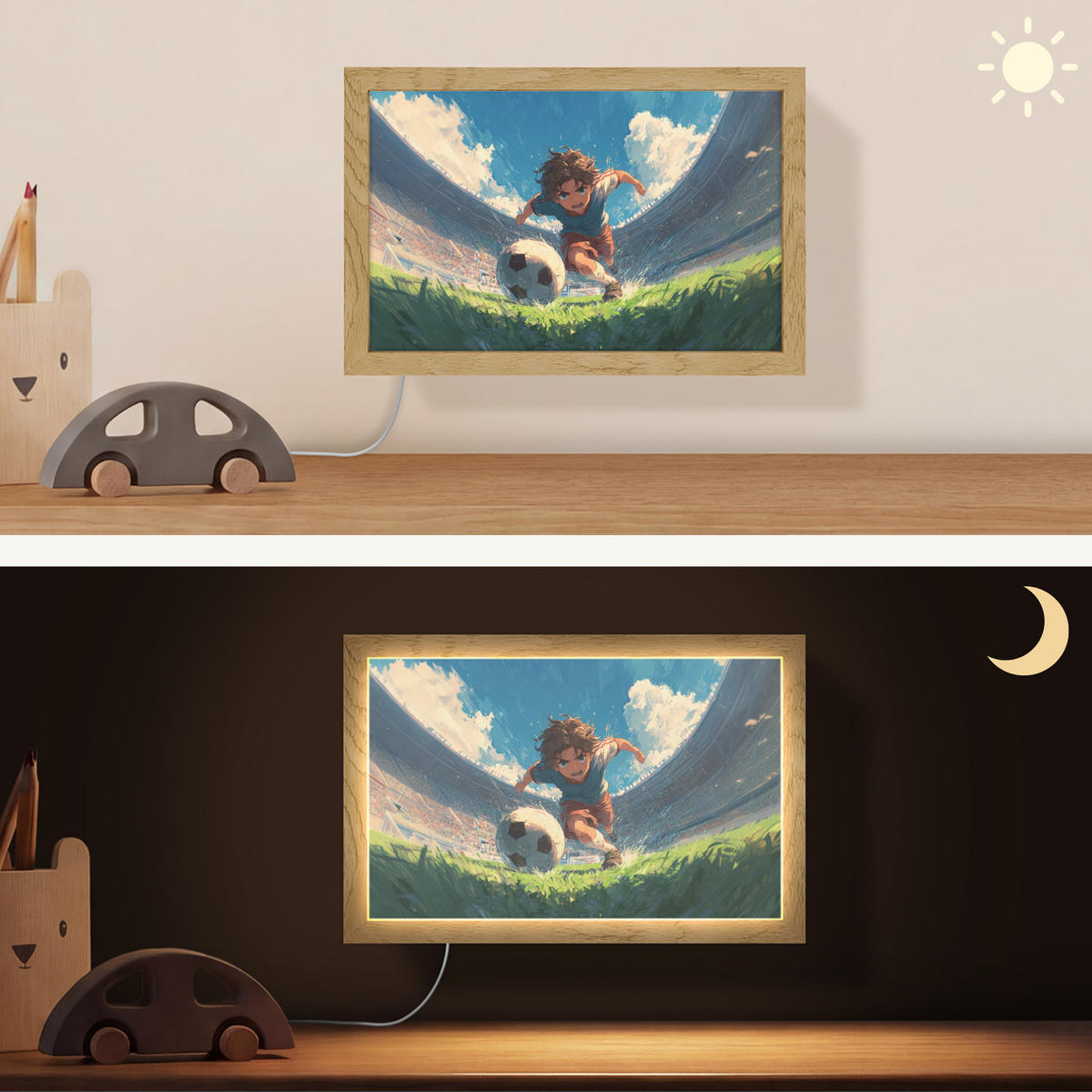NÁSTĚNNÁ LAMPA Stadion - Fotbalista - Míč 30x20 cm - modrá, kompozitní dřevo (30/20/8cm) - OnlyWow