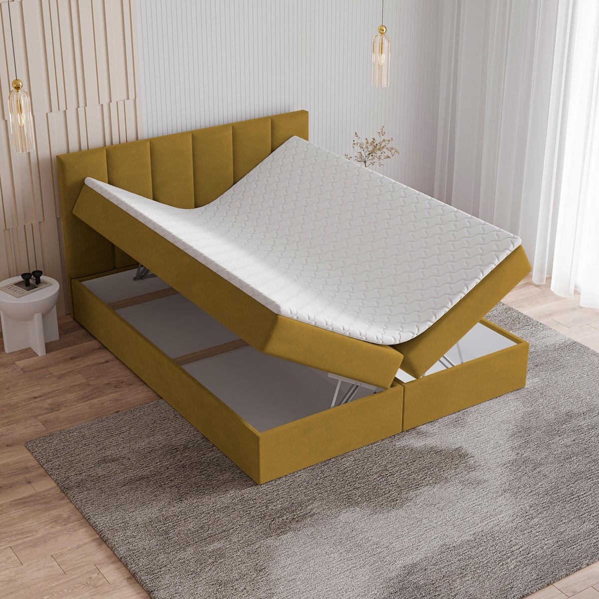 BOXBETT MERIL 180x200 cm mit Matratze und Topper - Gelb - Gelb, Holz (180/200cm) - MASSENO