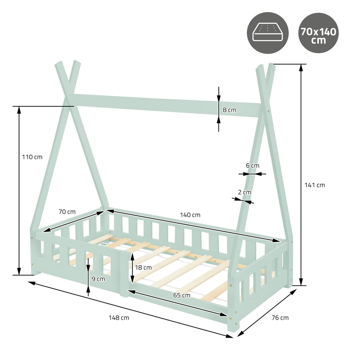 KINDERBETT Tipi 70x140 cm Mint - Mintgrün, Holz (70/140cm) - ML-DESIGN