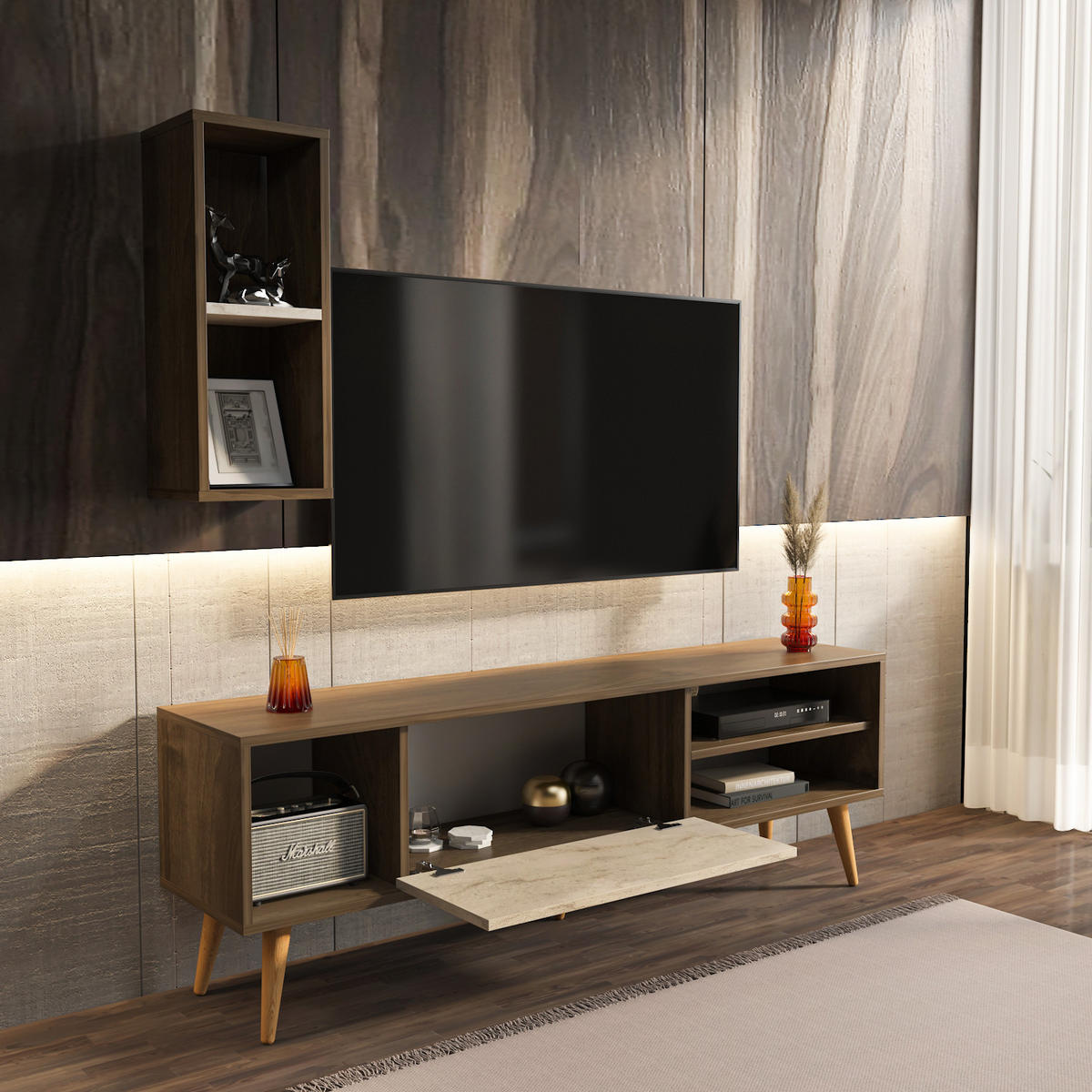 TV-LOWBOARD Rans Walnuss Travertin - Beige/Braun, Holzwerkstoff (160/53.5/35cm) - Decorotika