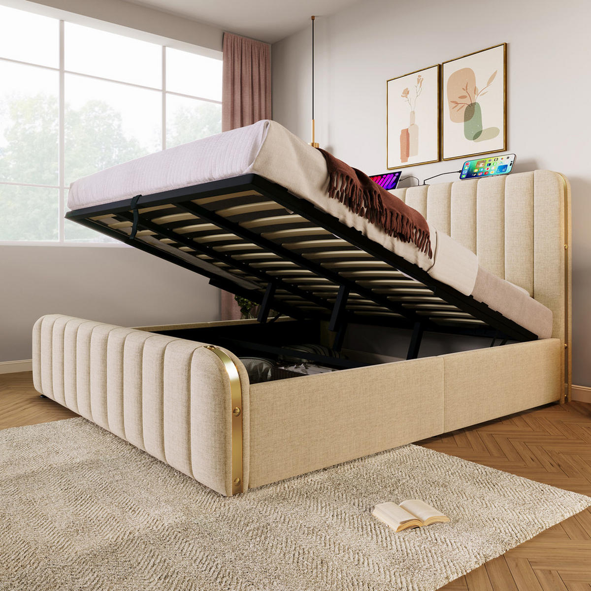 POLSTERBETT 180x200cm Doppelbett USB-C Hydraulik Goldstreifen Beige - Beige, Holz - FLIEKS