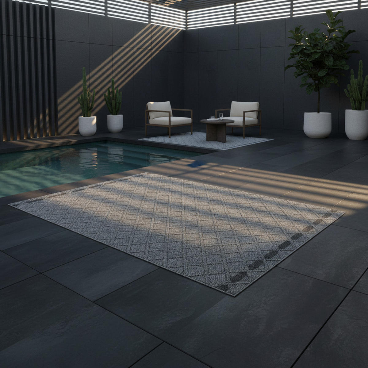 TEPPICH Outdoor Flachgewebe Rauten-Muster Polypropylen Balkon Grau Rechteckig 200x290 - Grau, Textil (200/290cm) - KADIMA DESIGN