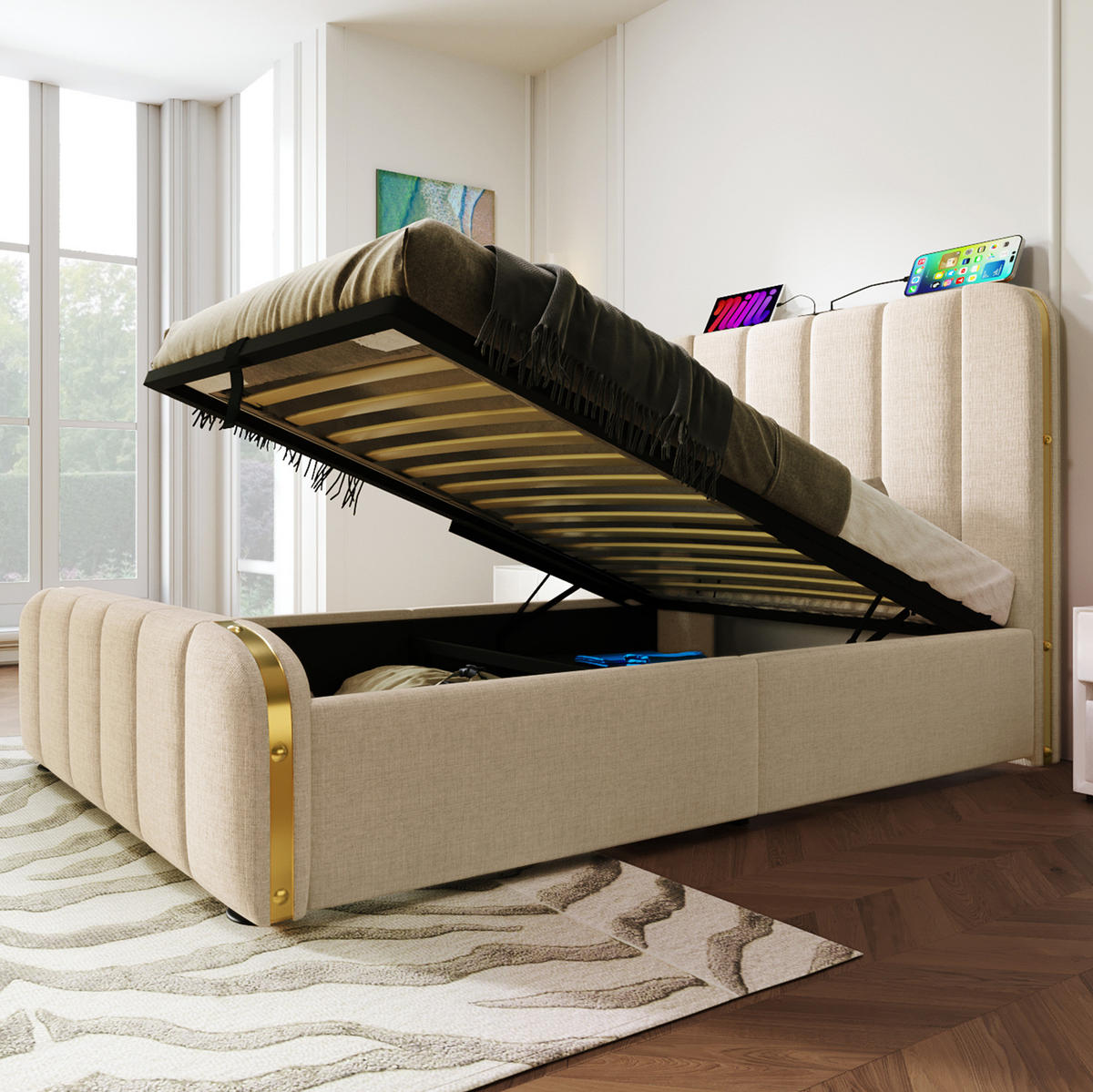 POLSTERBETT 90/200 cm Beige aus Leinen mit Stauraum und USB- und Type-C-Anschlüssen - Beige, Textil (90/200cm) - Flora Grace