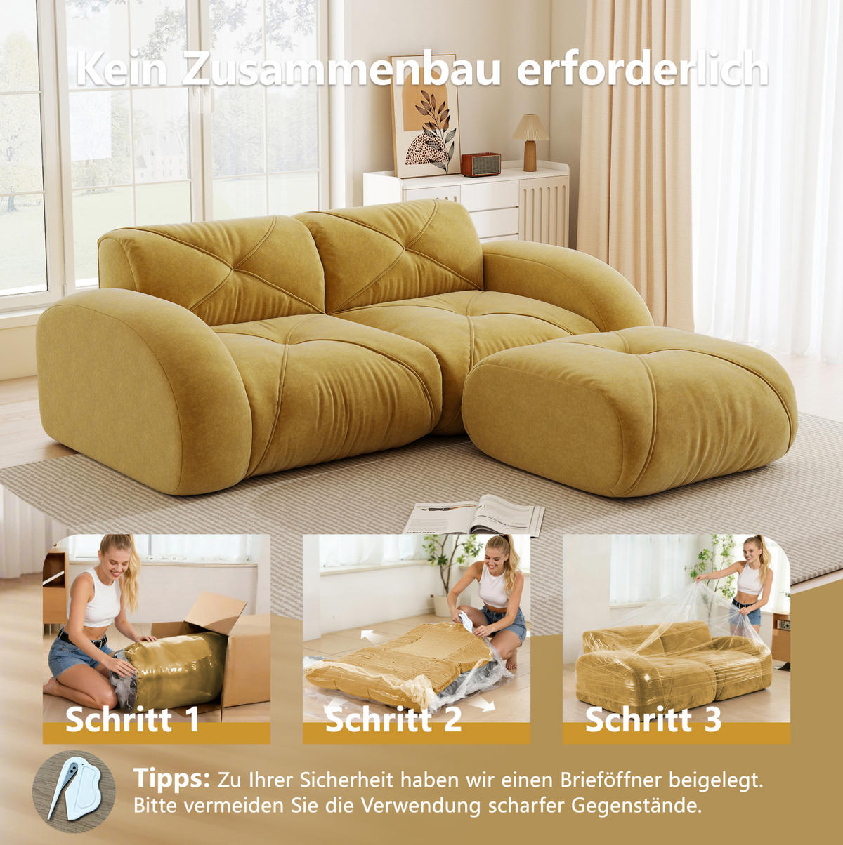 MODULARES 2-Sitzer-Sofa mit Hocker, rahmenloses Design und 32D-Schaumstoff, Gelb - Gelb, Textil (204/76/171cm) - Redom