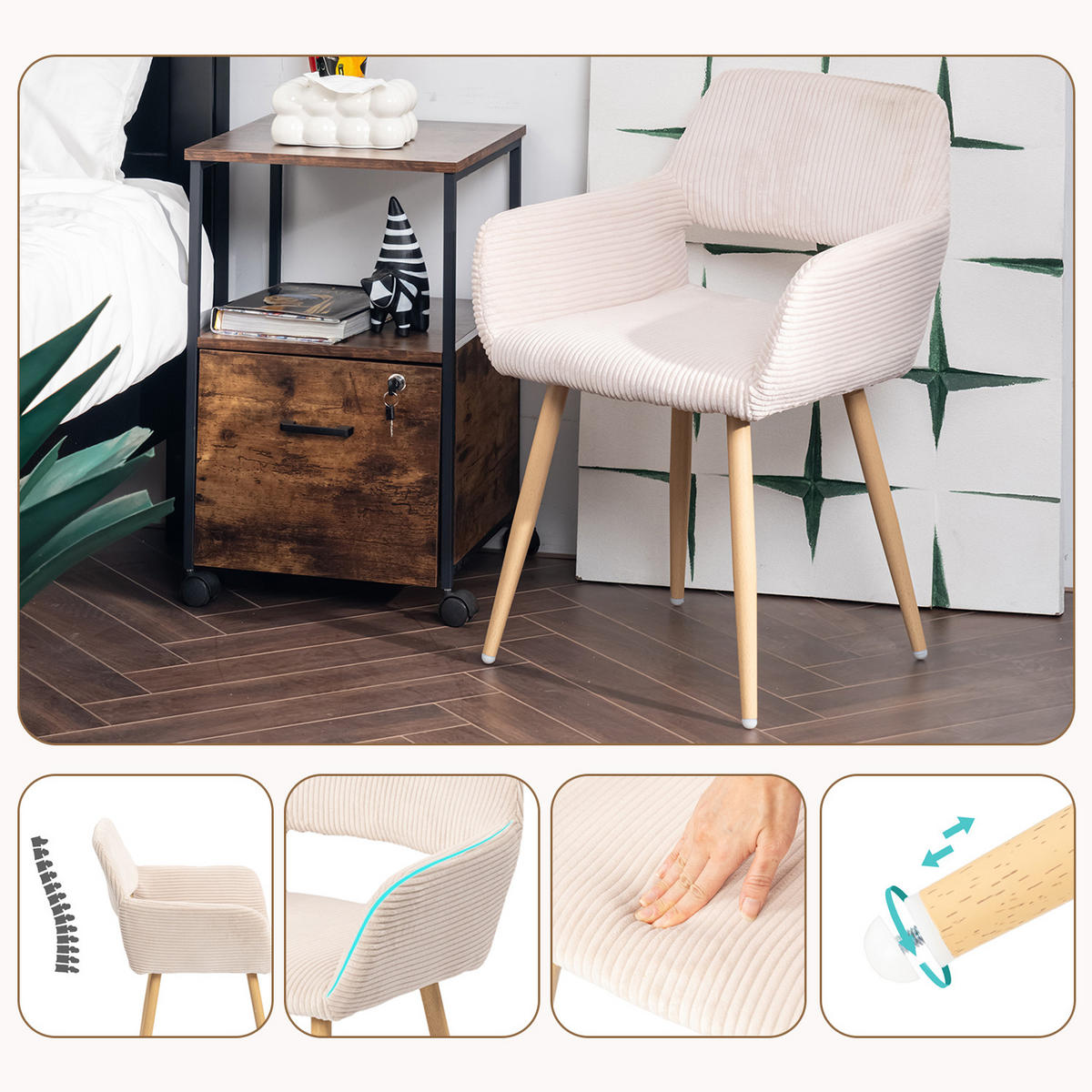 ARMLEHNSTUHL-SET 4 Stück in Eisen Cord - Beige, Metall (56/78/56cm) - Meubles Cosy