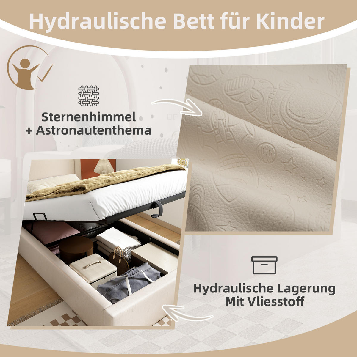 KINDERBETT 90/190 cm mit hydraulischem Bettkasten, Halbkreis-Kopfteil und PU-Bezug, Beige - Beige, Kunststoff (90/190cm) - Redom