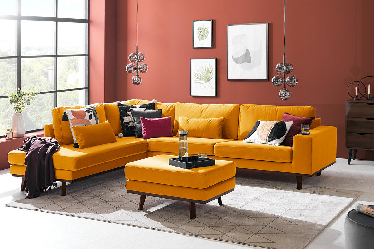 ECKSOFA mit Ottomane - Gelb/Buchefarben, Textil (287/219cm) - home24