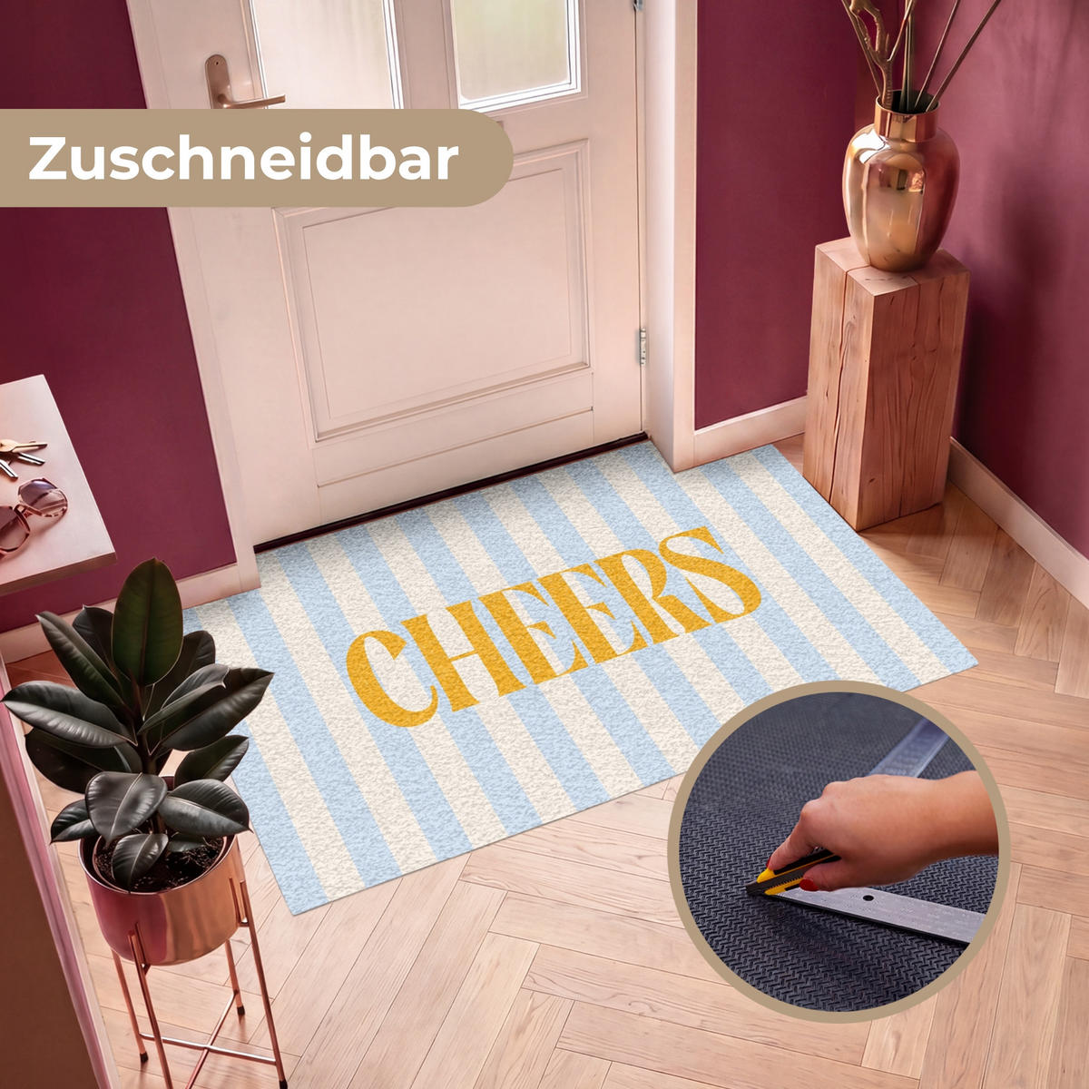 FUSSMATTE Orange – Blau – Streifen – Cheers 150x90 cm - Hellblau, Kunststoff (150/0.4cm) - MuchoWow