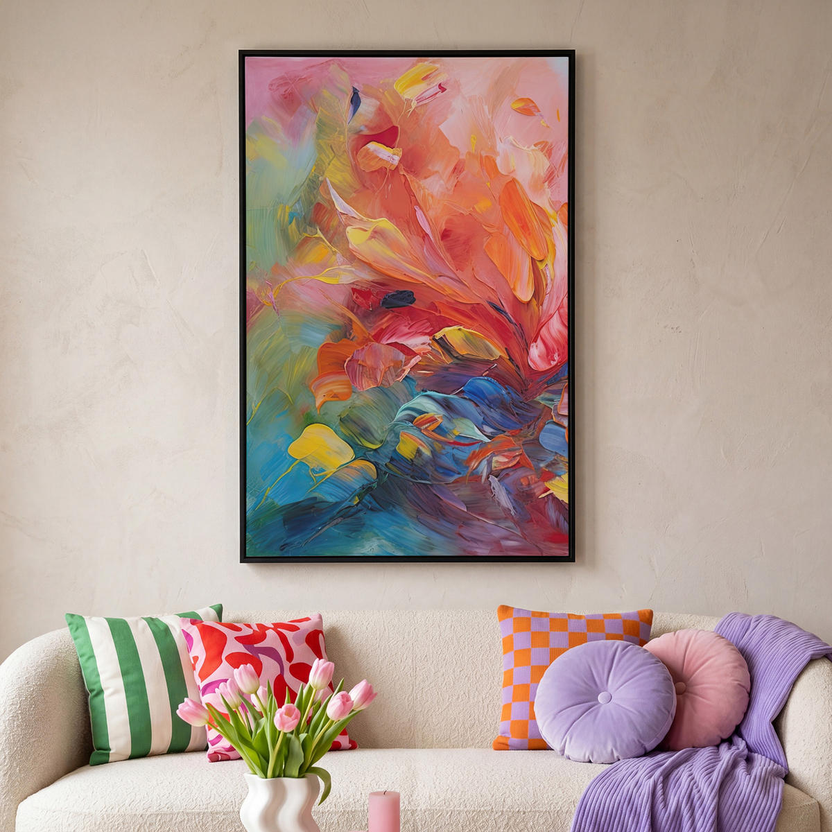 LEINWAND Bilder mit Rahmen - Ölgemälde - Kunst - Abstrakt - Farbenfroh - 80x120 - Altrosa, Textil (80/120cm) - MuchoWow