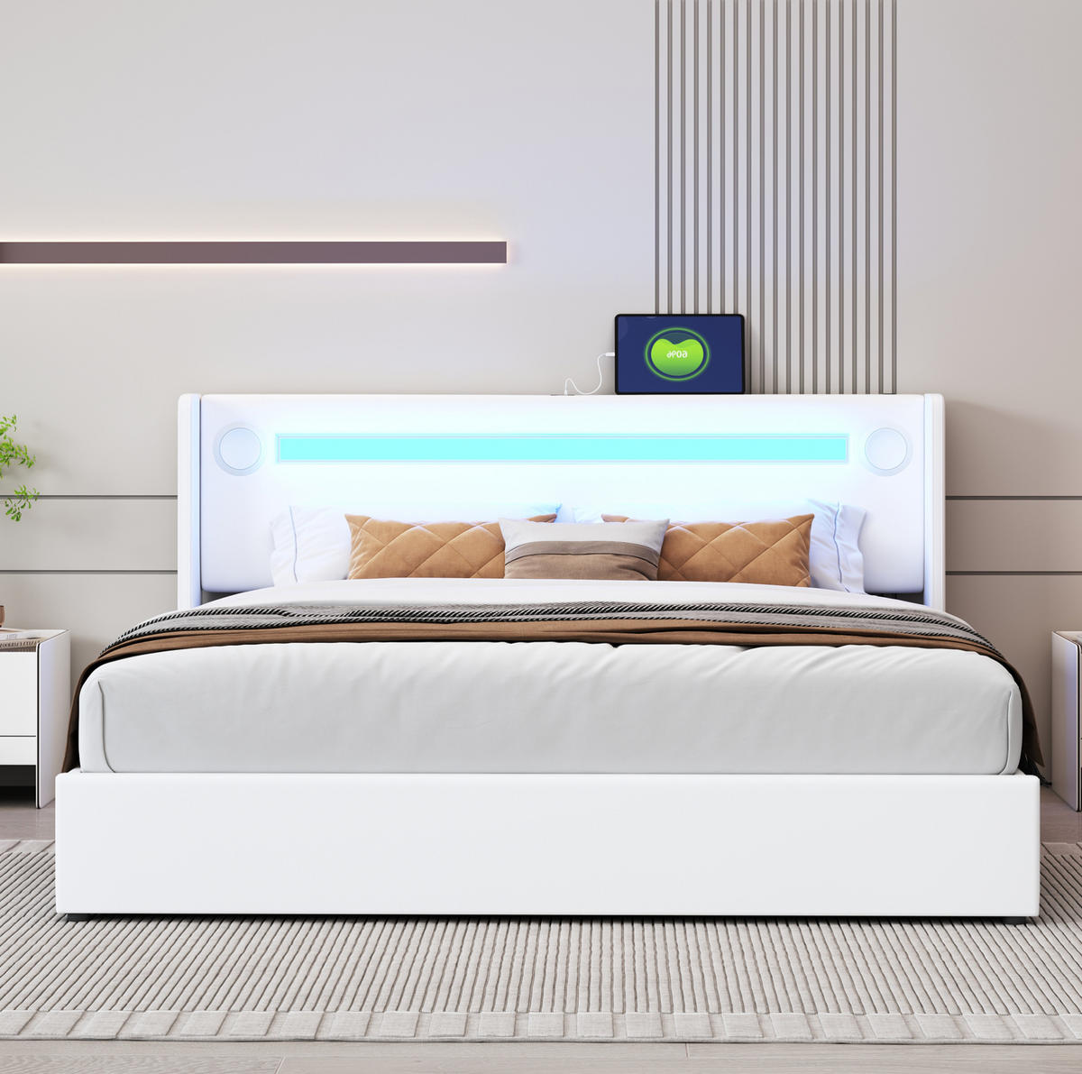 POLSTERBETT aus PU-Leder 160x200 cm Weiß mit LED, Bluetooth, USB und hydraulischem Bettkasten - Weiß, Kunststoff (160/200cm) - Modfu