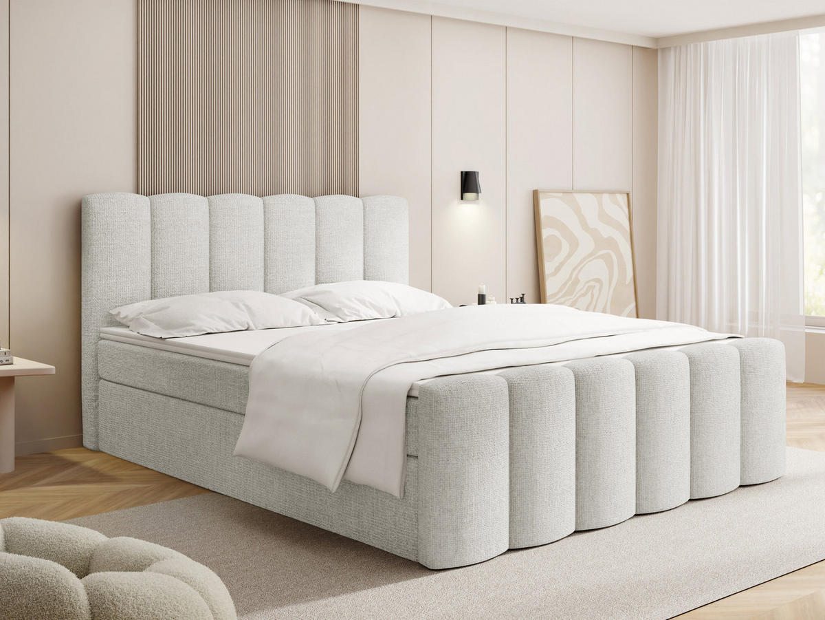 BOXBETT Serenity mit Bettkasten, Weiß Chenille 160x200 cm – inkl. H4 Taschenfederkern Matratze & Foam Topper - Schwarz/Weiß, Holz/Holzwerkstoff (160/200cm) - WFL GROUP