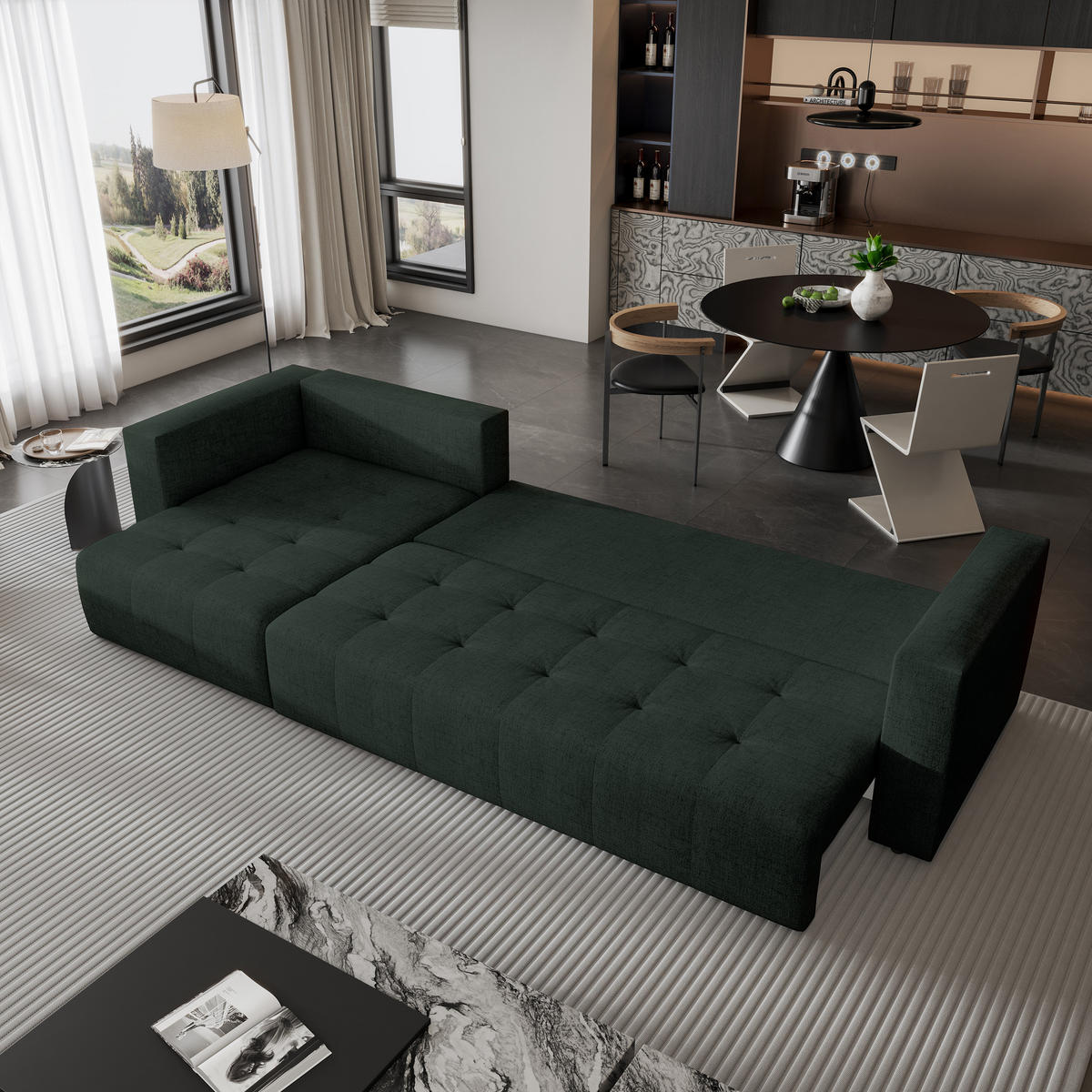 ECKSOFA OLVERA Grün Geflochtener Stoff mit Schlaffunktion - Grün, Holz (347/148cm) - MASSENO