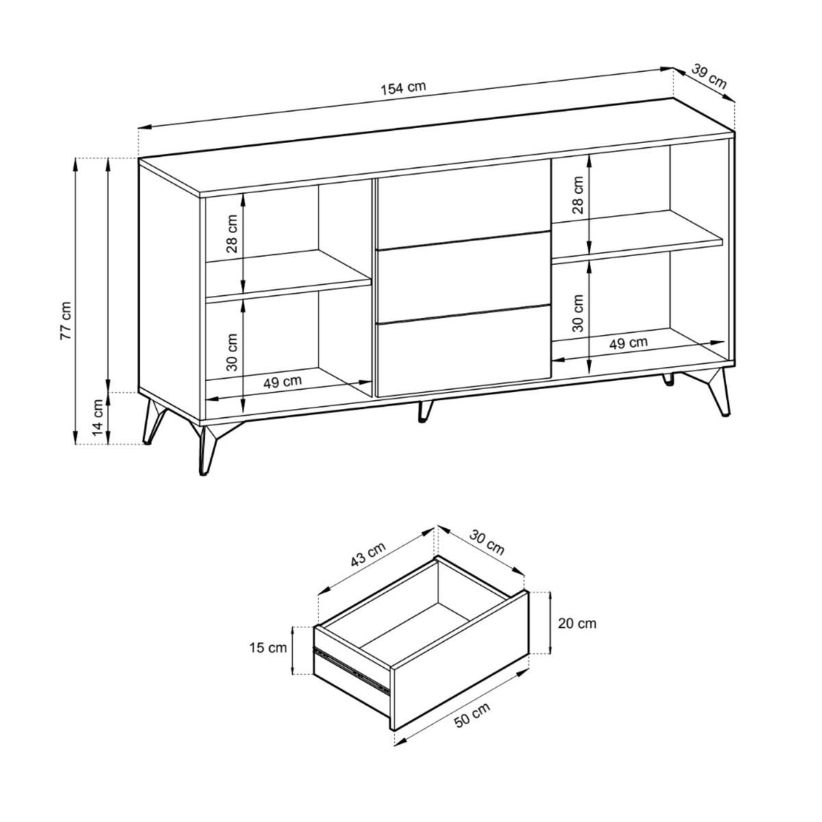 KOMMODE DIAMOND K2D3SZ (Eiche Evoke, Schwarz, Fischgrätmuster, Metallfüße, Push to Open) - Eichefarben/Schwarz, Holz/Holzwerkstoff (154/77/39cm) - Ravio