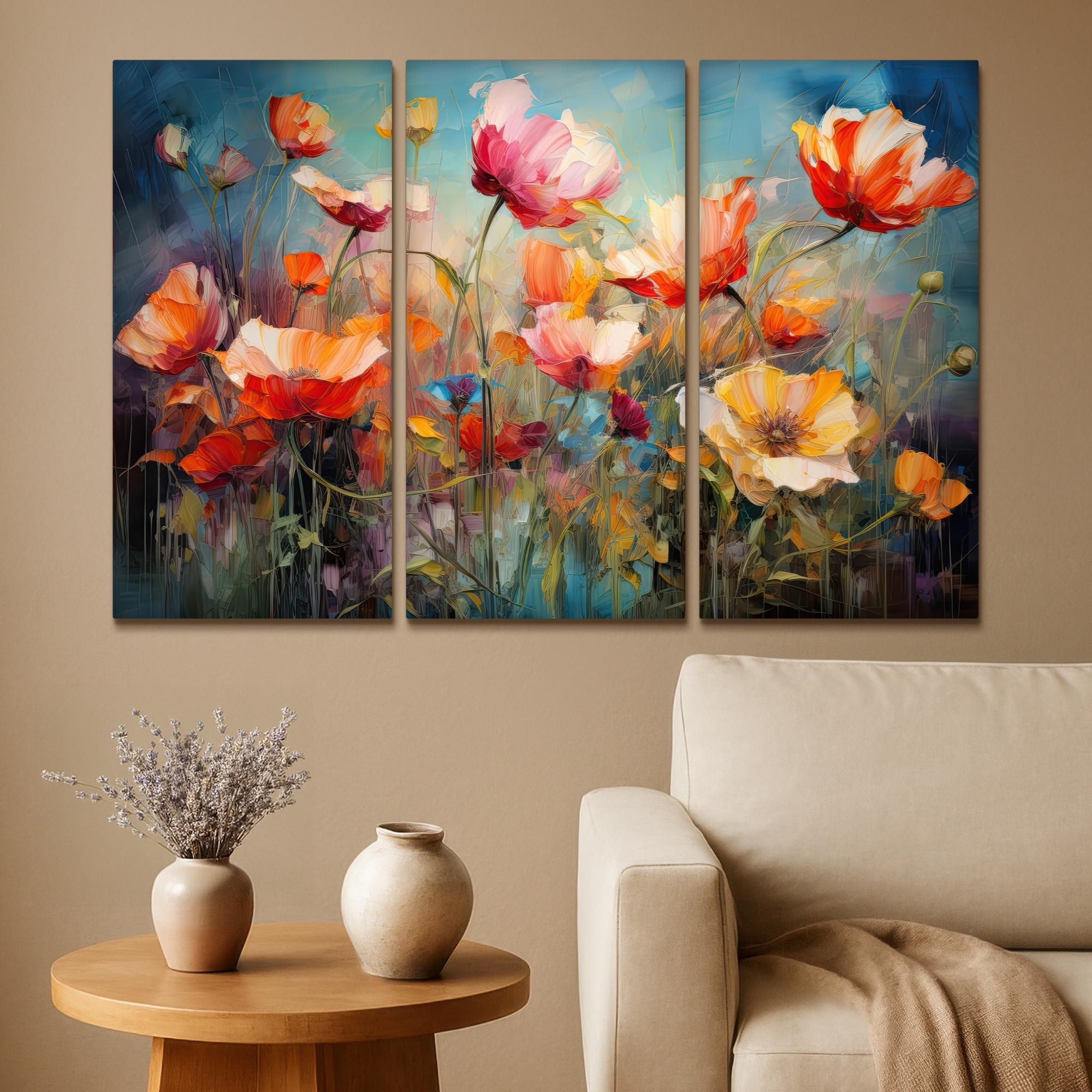 LEINWANDBILD 3er Set Blumen - Bunt - Abstrakt 120x80 cm - Blaugrau, Textil (120/80cm) - MuchoWow