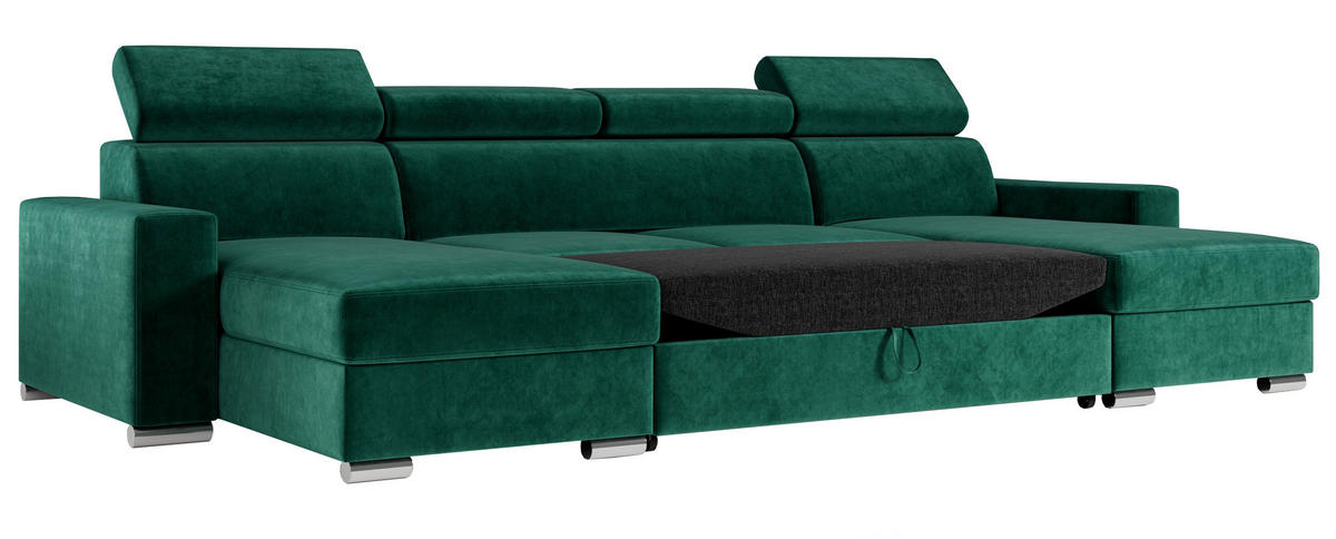 WOHNLANDSCHAFT FOX U Dunkelgrün - Velvet - Dunkelgrün/Silberfarben, Kunststoff/Textil (306/98/168cm) - MKS