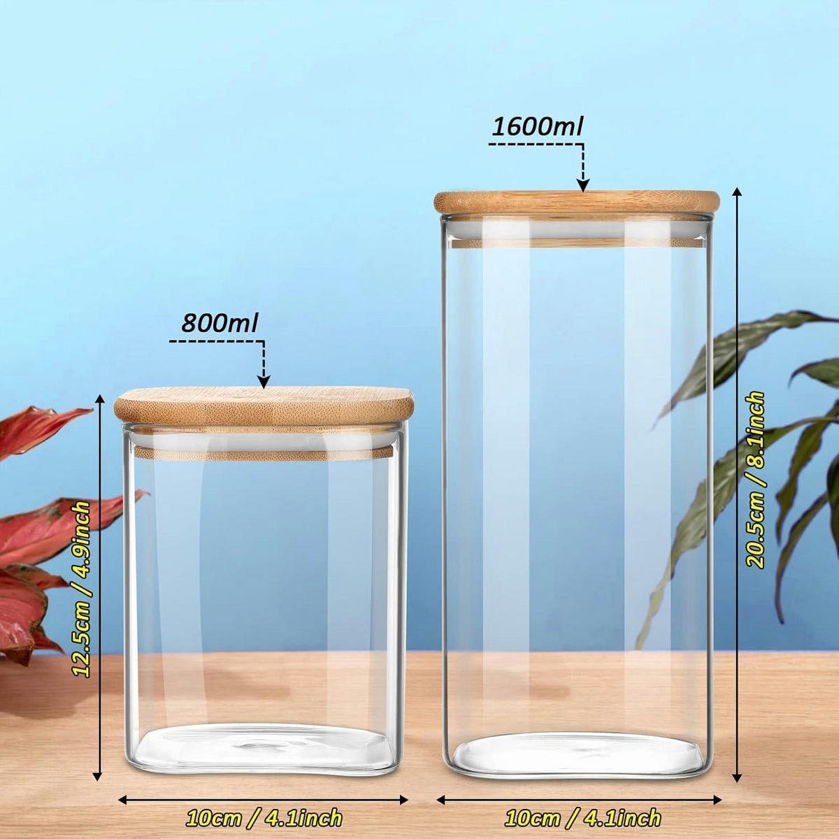 VORRATSGLÄSER 2-teiliges Set Glas mit Bambusdeckel 1600ml - Beige, Glas (10/20.5/10cm)
