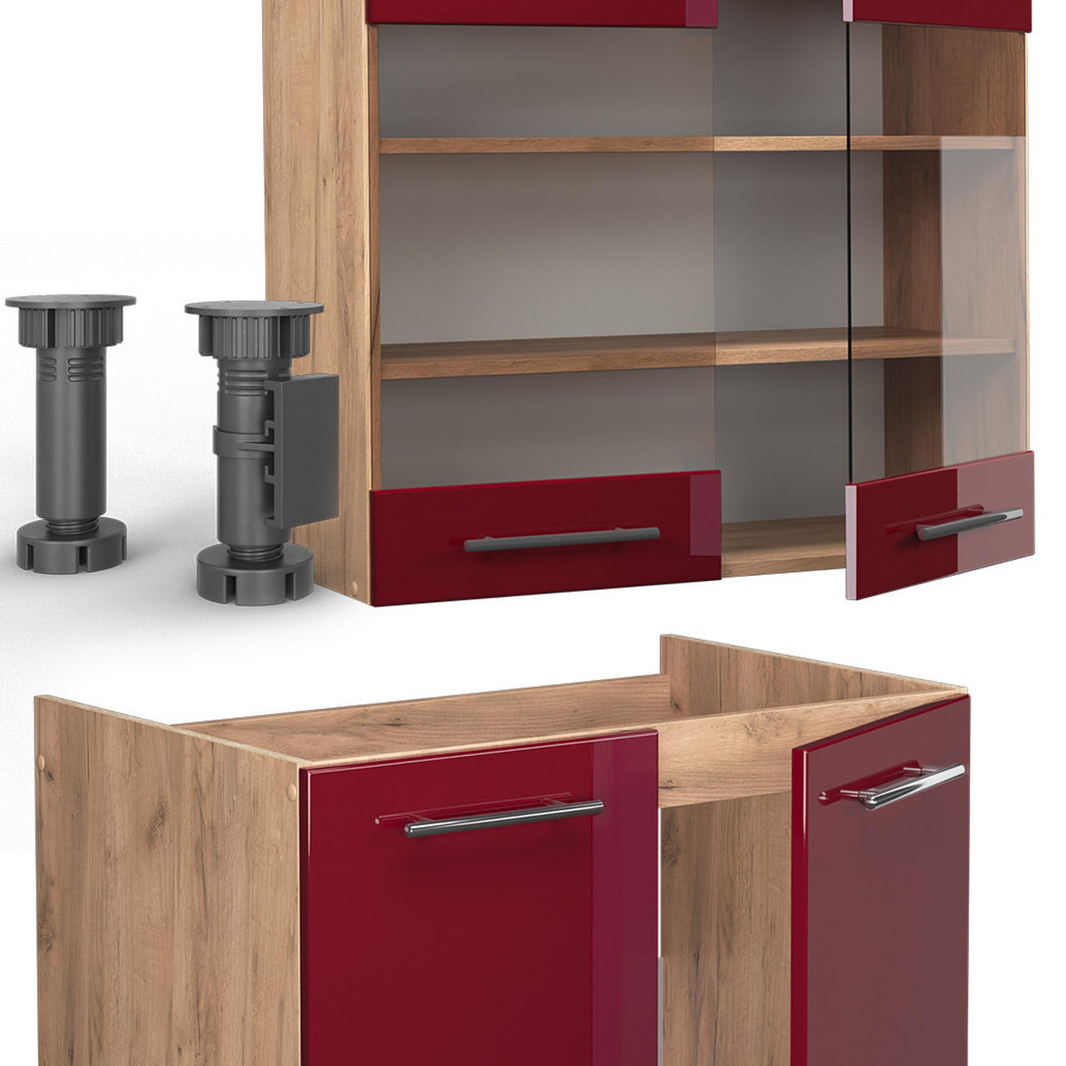 KÜCHENZEILE Fame-Line Bordeaux Hochglanz/Goldkraft Eiche 200 cm AP Eiche - Bordeaux/Eiche Wotan, Holzwerkstoff (200/81.6/60cm) - Vicco