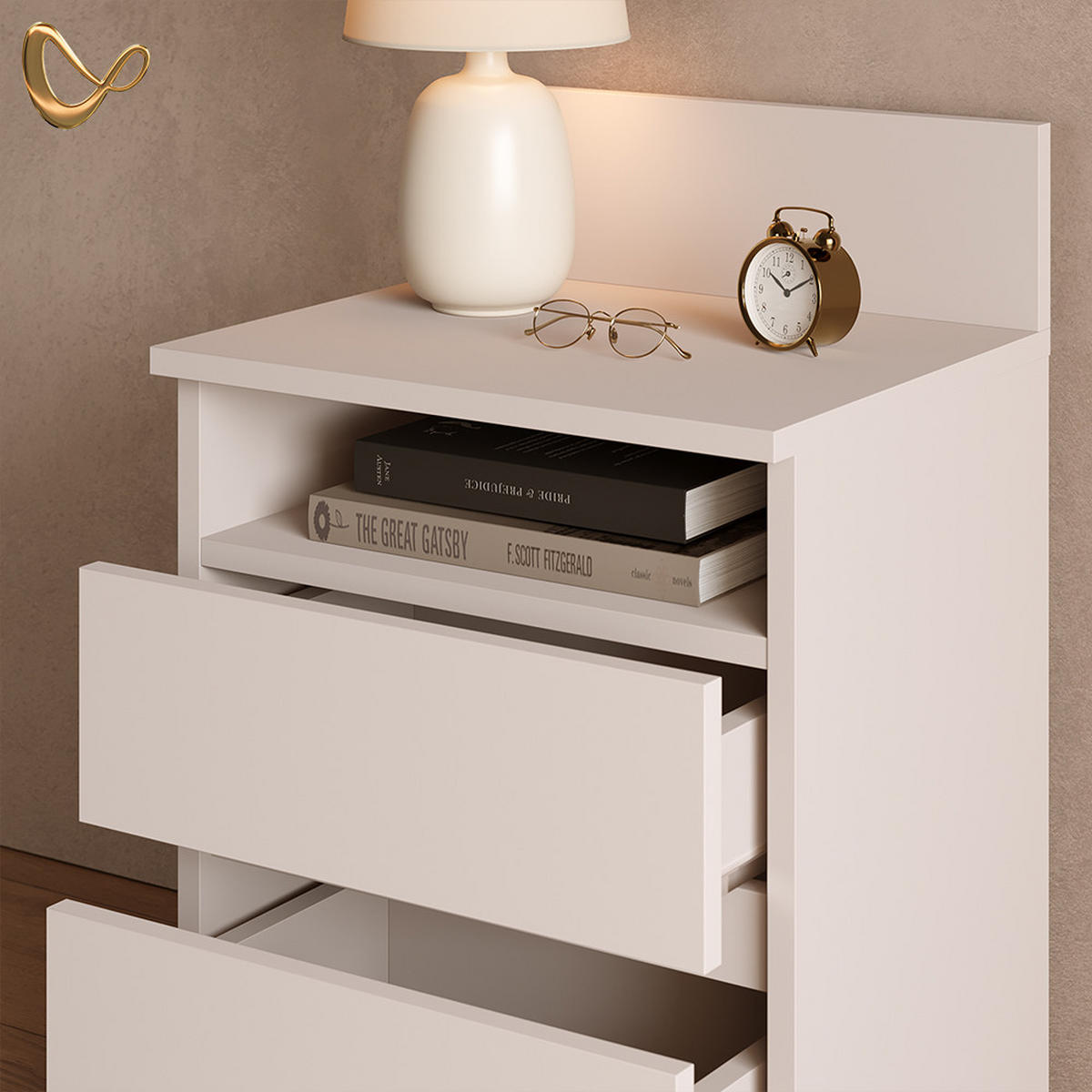 NACHTTISCH Roya, Weiß, 39.6 x 59.1 cm - Weiß, Holzwerkstoff (39.6/59.1/32.3cm) - Livinity®