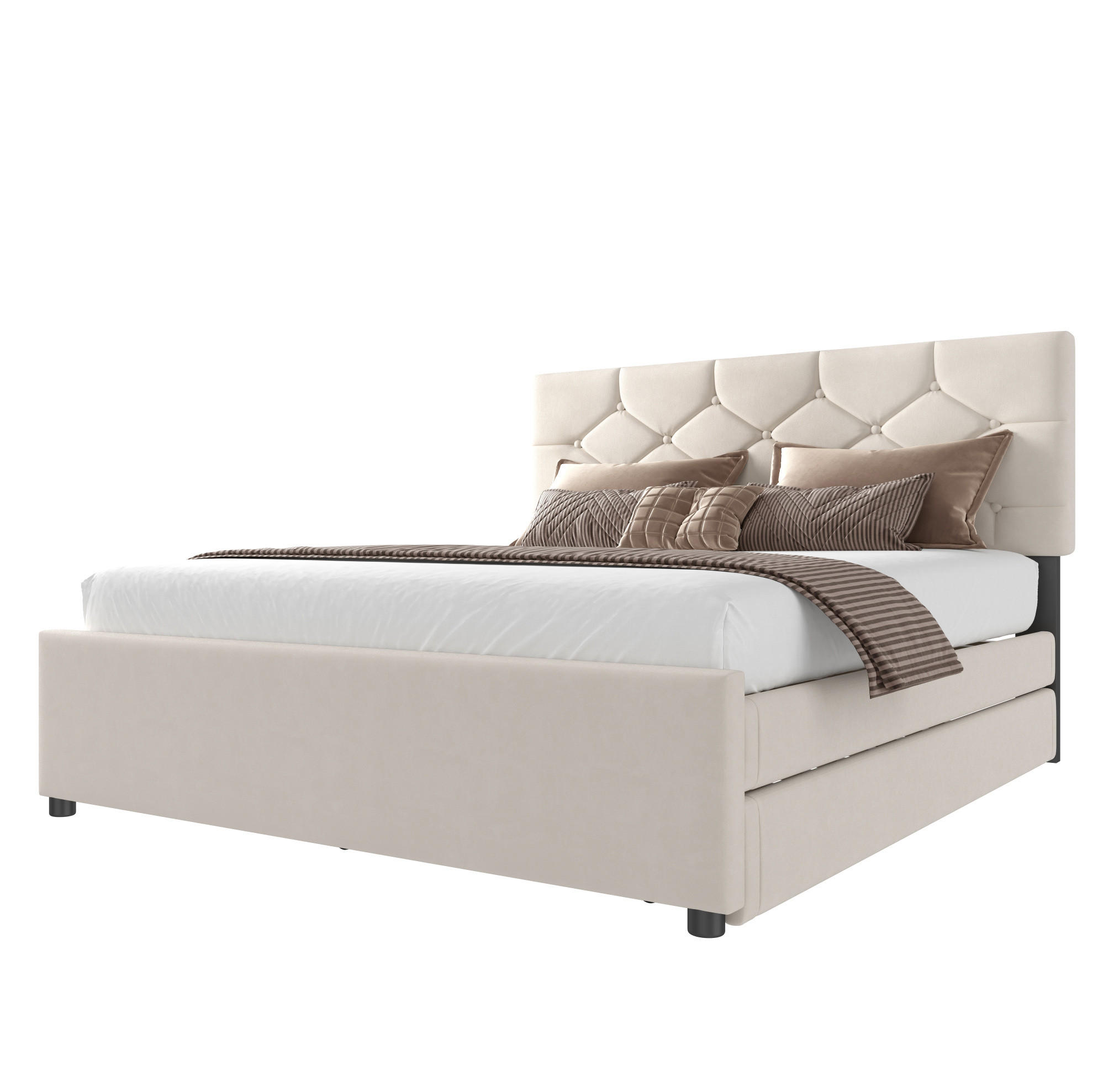 Redom ČALOUNĚNÁ postel 140/200 cm s lamelovým roštem a výsuvným lůžkem, knoflíkovým čelem, Béžová