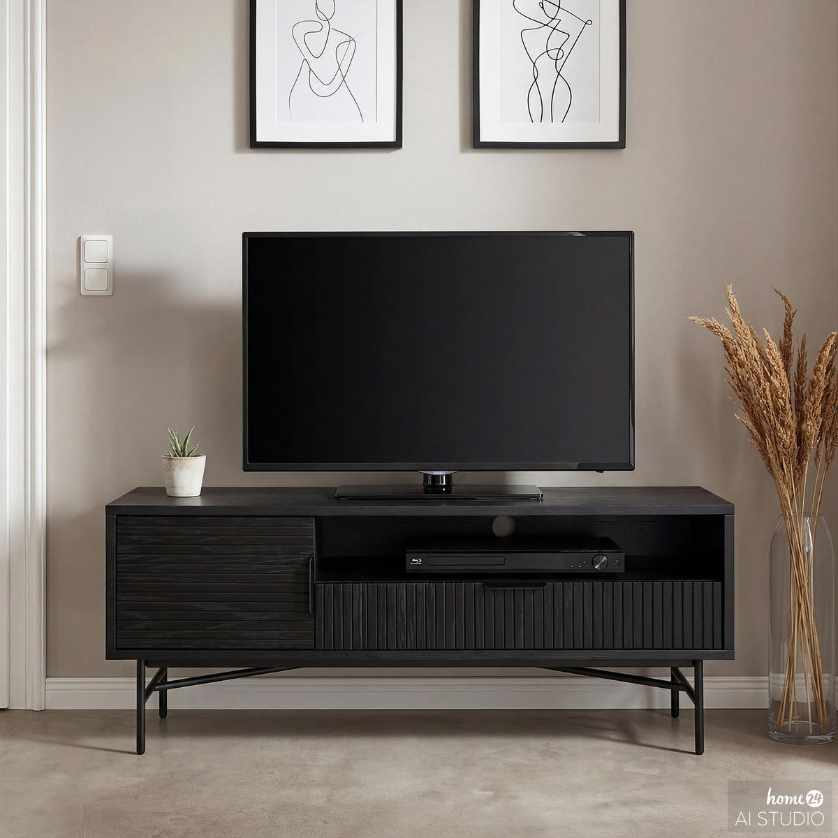 TV-LOWBOARD - Echtholzfurnier - 120 cm - Eichefarben/Schwarz, Holzwerkstoff/Metall (120/50/40cm) - home24