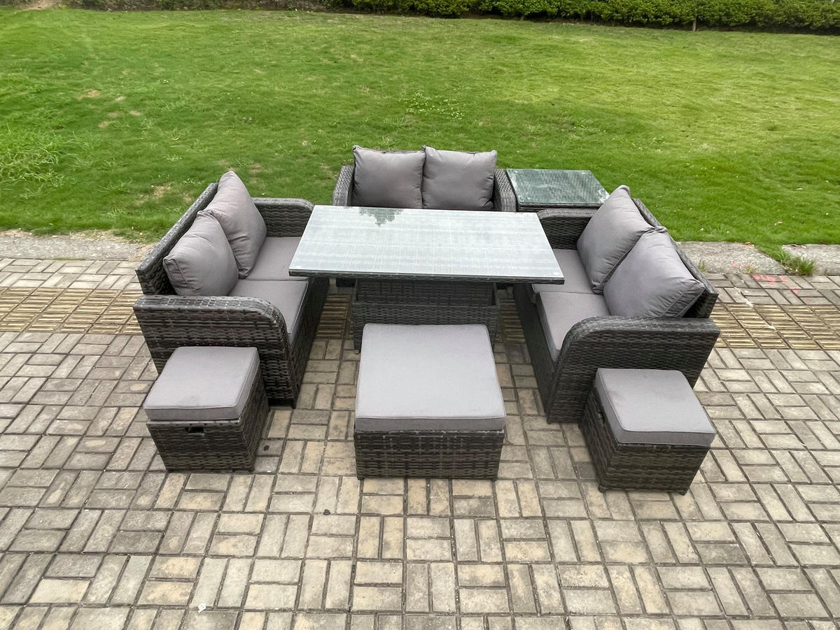 GARTENSOFA SET Polyrattan Dunkelgrau 9-Sitzer - Dunkelgrau, Metall - Fimous