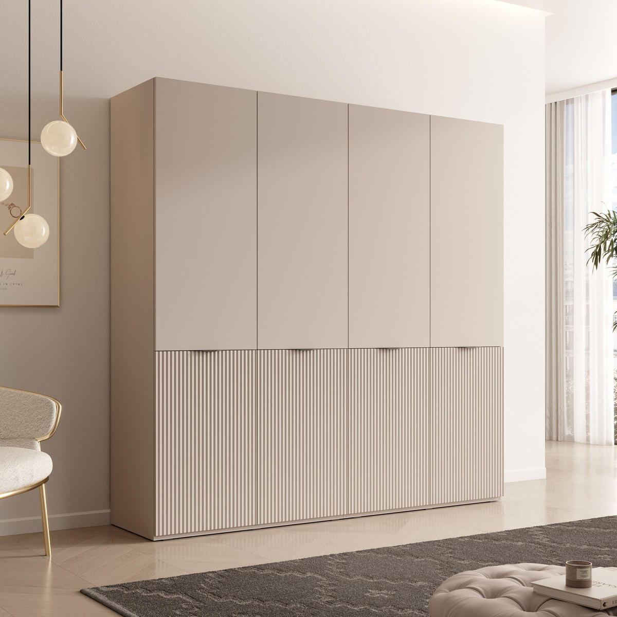 KLEIDERSCHRANK ZEN (Modular, Cashmere Matt, Rillenfront, 4-türig) - Kaschmir/Schwarz, Holz/Holzwerkstoff (202/200/51cm) - Ravio