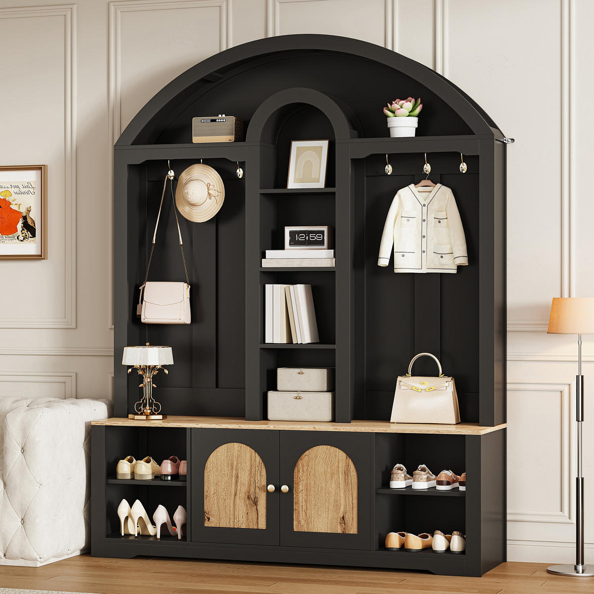 GARDEROBE-SET in Schwarz Kleiderschrank mit Schuhregal, Ablagen und Haken für Flur und Eingangsbereich, B150/T40/H195 cm - Schwarz, Holzwerkstoff/Metall (150/195/40cm) - STILVORA
