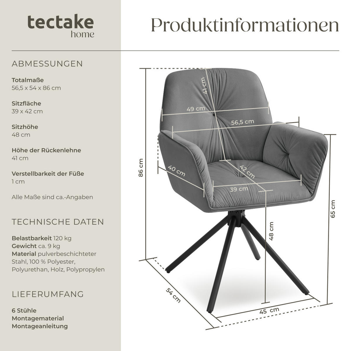 ARMLEHNSTUHL Drehbar Lenia,56,5 x 54 x 86 cm,Samtoptik anthrazit/schwarz - Anthrazit/Schwarz, Kunststoff (56.5/86/54cm) - tectake