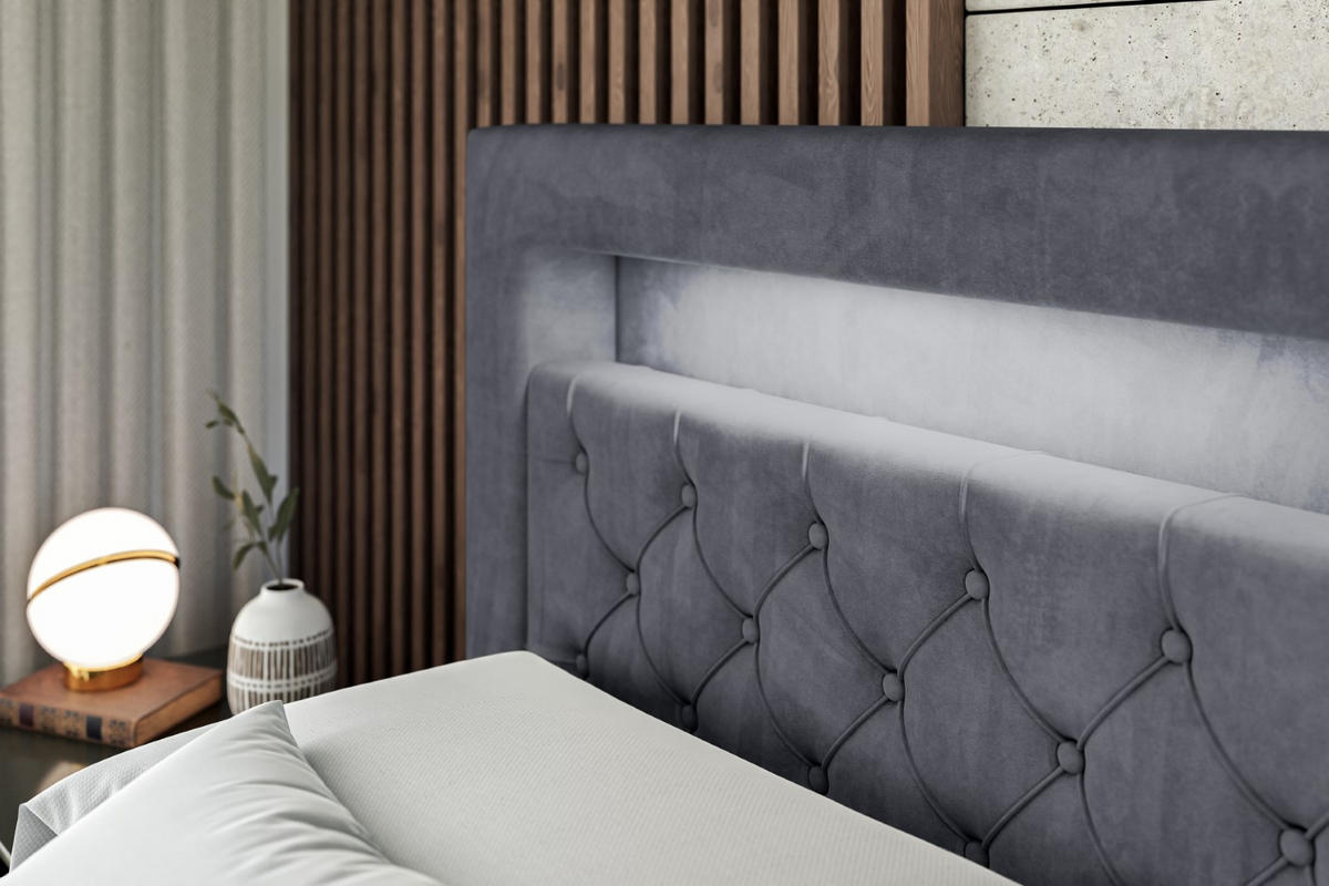 BOXBETT LED mit H3-Matratze und Lattenrost - NOEL GOLD - 180x200 Dunkelgrau - Dunkelgrau, Holzwerkstoff (180/200cm) - ALTDECOR