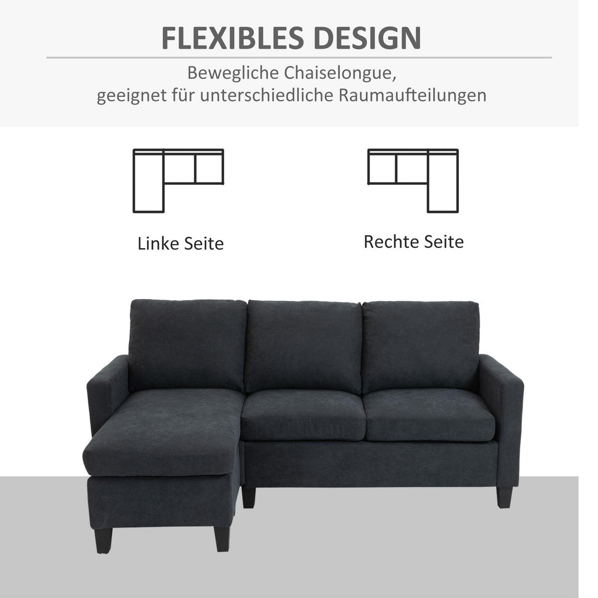 ECKSOFA L-Form Couchgarnitur mit wendbarer Chaiselongue Dunkelgrau - Dunkelgrau/Schwarz, Kunststoff/Textil (139/197cm) - HOMCOM