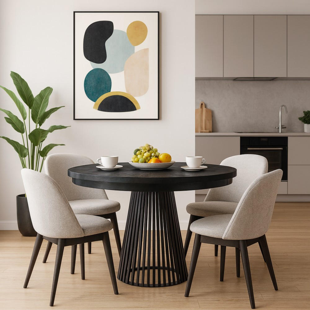 ESSTISCH Lumi, Runder, mit Metallbeinen, Schwarz - Schwarz, Holzwerkstoff/Metall (100/100/77cm) - Beautysofa