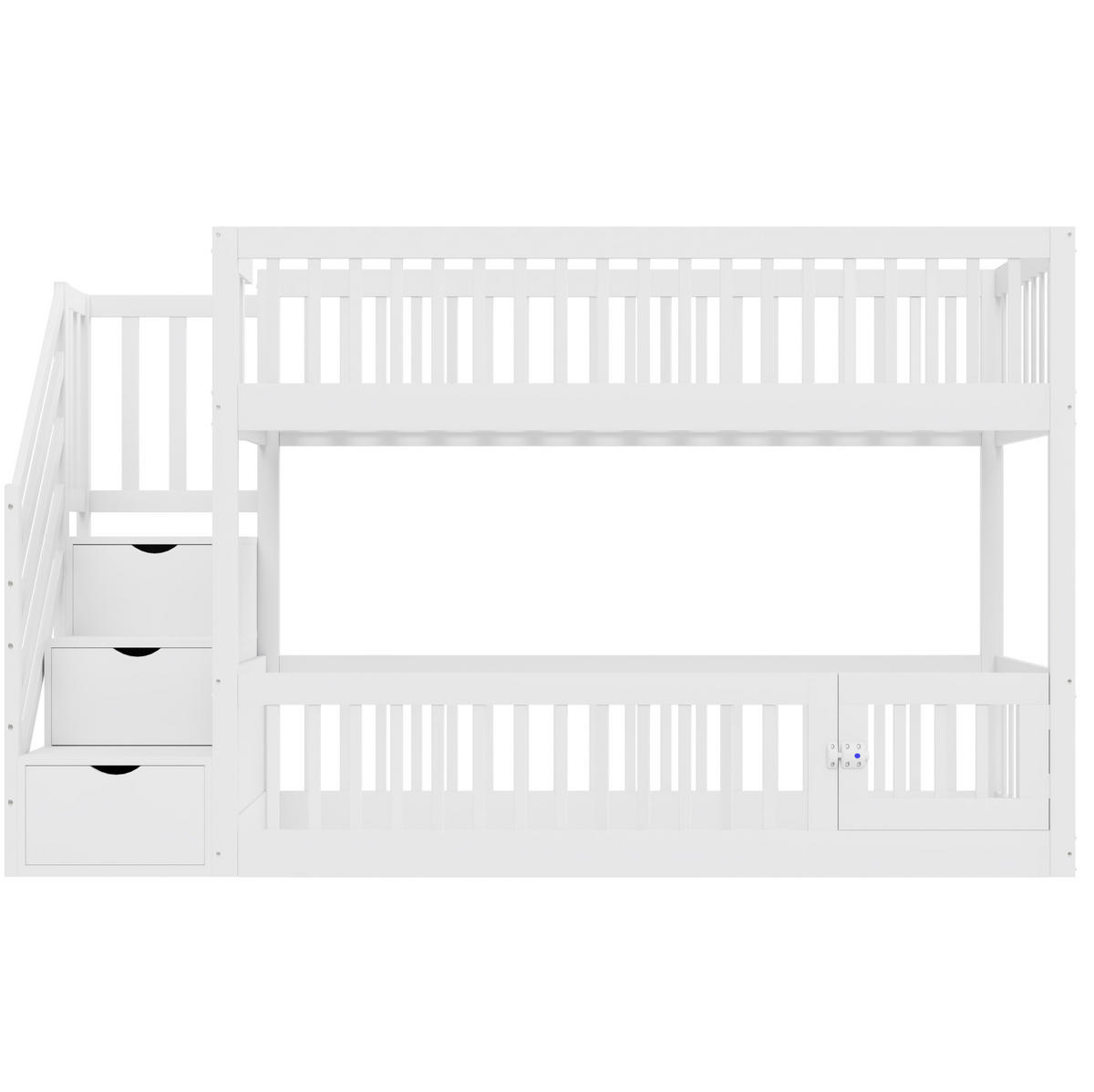ETAGENBETT Holz 90x200 cm Weiß mit Stauraumtreppe und Schubladen, Kinderbett mit Sicherheitsgitter - Weiß, Holz (90/200cm) - Modfu