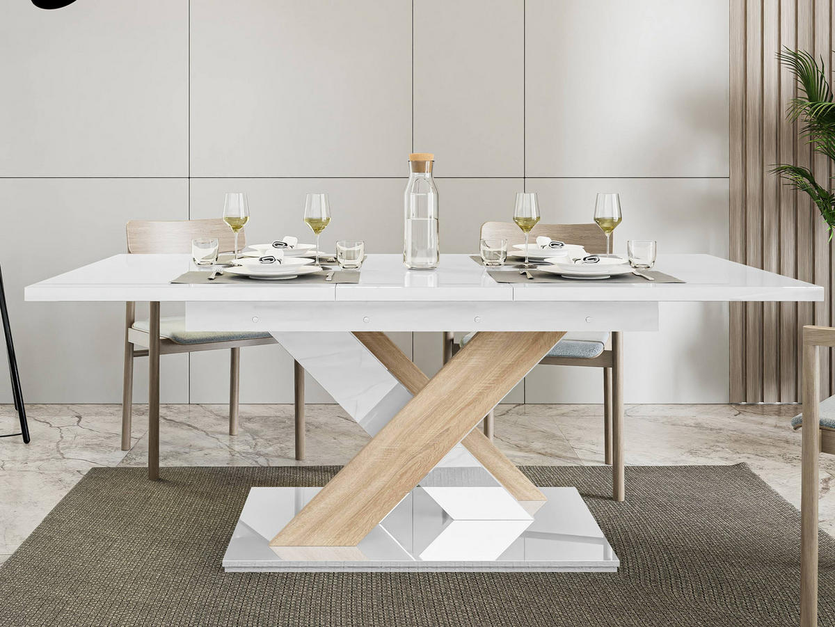 ESSTISCH Bronx - Weiß Hochglanz/Sonoma Eiche, Holzwerkstoff (80/140/76cm) - MIRJAN24