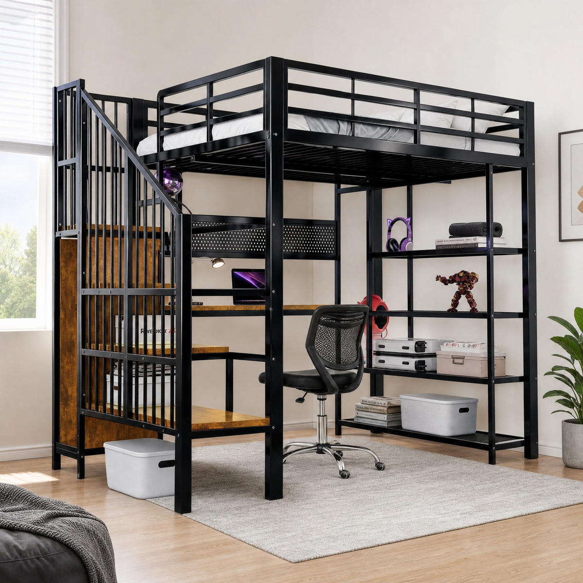 HOCHBETT 140/200 cm aus Metall und Holzwerkstoffen mit Treppe, Schreibtisch, Regal und LED Schwarz - Schwarz, Metall (140/200cm) - Modenvie