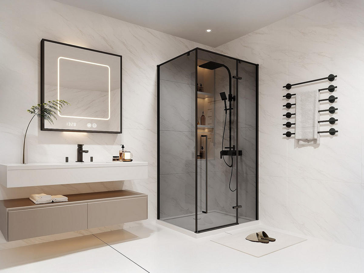 DUSCHWAND mit Schwingtür - Rauchglas - 100 x 80 x 190 cm - Schwarz matt - TERMANIO - Schwarz, Metall (100/190cm) - Vente-Unique