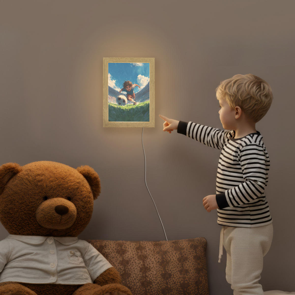 NACHTTISCHLAMPE Stadion - Fußballer - Ball 15x20 cm - Blau, Holzwerkstoff (8/15/20cm)