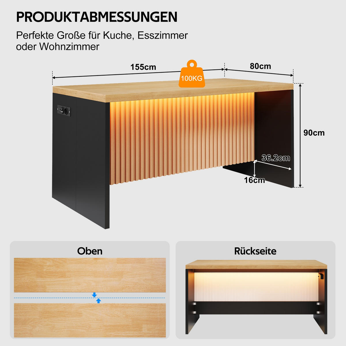 KÜCHENINSEL 155/80/90 cm Natürlich mit LED-Leuchten, 2 Steckdosen und 2 USB-Anschlüsse - Naturfarben, Holz/Holzwerkstoff (80/90/155cm) - Oxeza